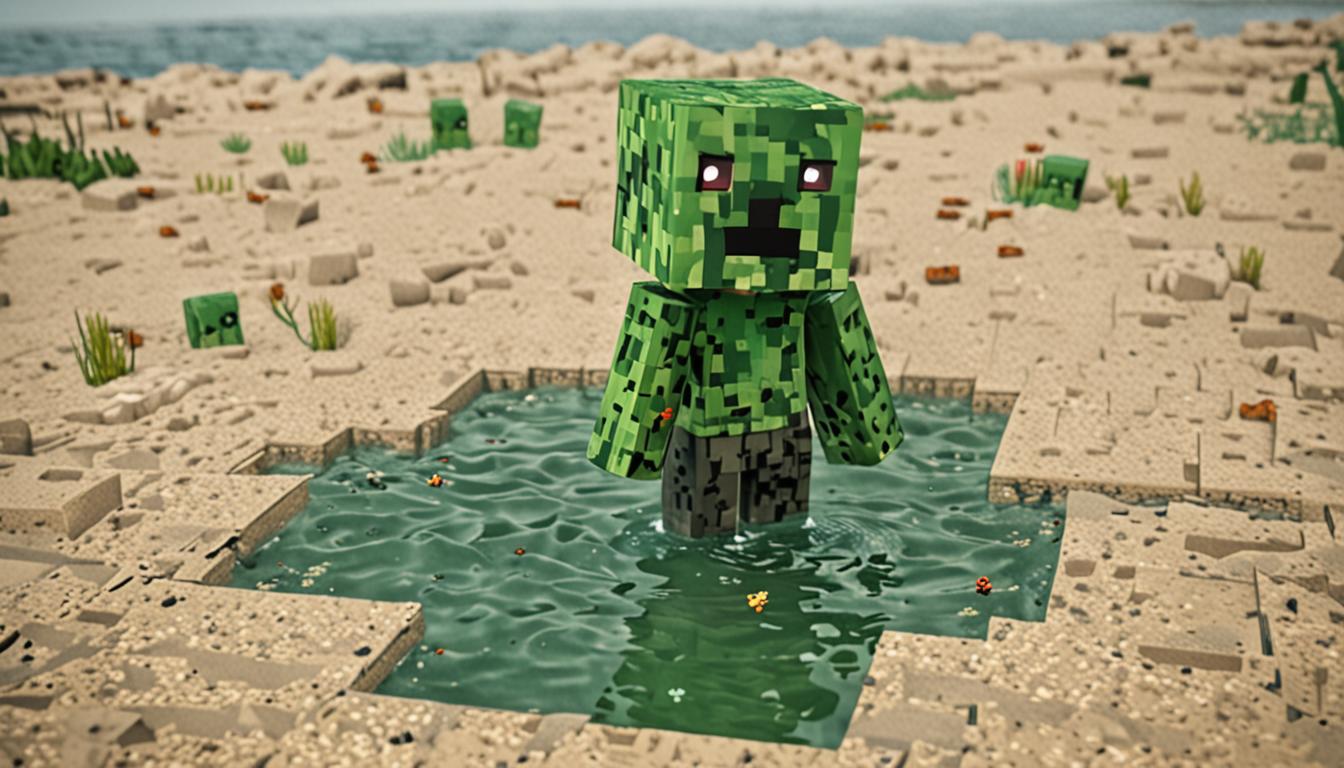 A defeated Minecraft creeper character named Tootcreep standing in shallow water with a confused expression, rendered in blocky pixelated style with green textured skin and black rectangular eye sockets showing bewilderment instead of menace. His body features malfunctioning brass-colored blocks integrated into his creeper form, with visible water damage and short-circuited sparks flickering weakly around the metallic components. The orange glow that once emanated from within his blocky body has completely faded to a dull gray, leaving him looking powerless and diminished. Floating musical note blocks that were previously swirling around him are now scattered motionless in the water nearby, their bright colors muted and inactive. Small "poot" sound effect clouds appear near his mouth in typical Minecraft cartoon style, emphasizing his weakened state compared to a normal creeper's explosive capabilities. The scene takes place in a shallow water biome with typical Minecraft water blocks reflecting the dim lighting, creating an atmosphere of mechanical failure and confusion rather than the typical creeper threat.