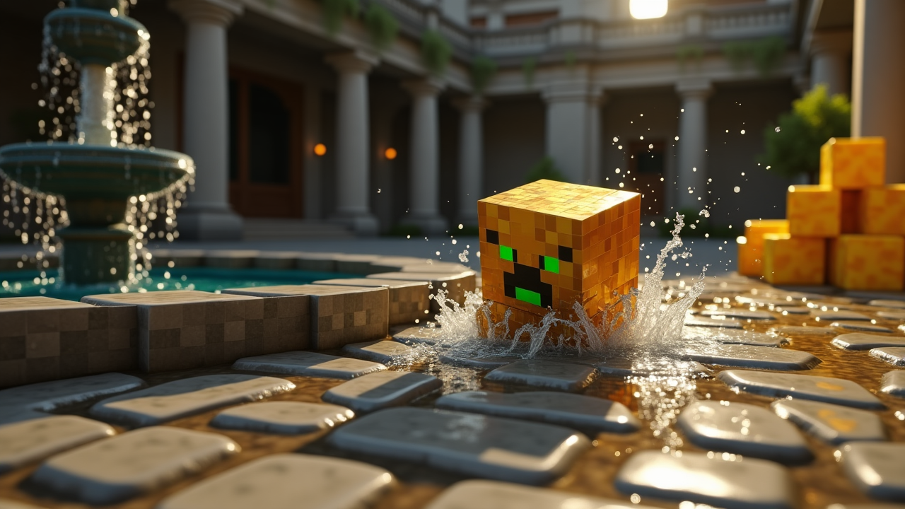 A Minecraft scene showing a unique brass-colored creeper character with distinctive metallic blocky textures slipping and sliding across wet cobblestone blocks, water droplets glistening on the pixelated stone surface. The creeper's cubic brass body reflects light with a golden metallic sheen, its feet struggling for grip on the slippery wet cobblestone path. In the background, a classic Minecraft fountain made of stone blocks with water flowing from the center creates puddles on the ground, while a pile of golden hay bales sits nearby with scattered individual hay block pieces around it. The scene captures motion blur effects on the spinning brass creeper as it slides uncontrollably, with water splash particles rendered in Minecraft's blocky style around the fountain area. The wet cobblestone blocks have a darker, saturated appearance with reflective surfaces showing the chaotic movement, and the overall lighting suggests a dramatic moment with shadows cast by the fountain structure and surrounding Minecraft architecture.