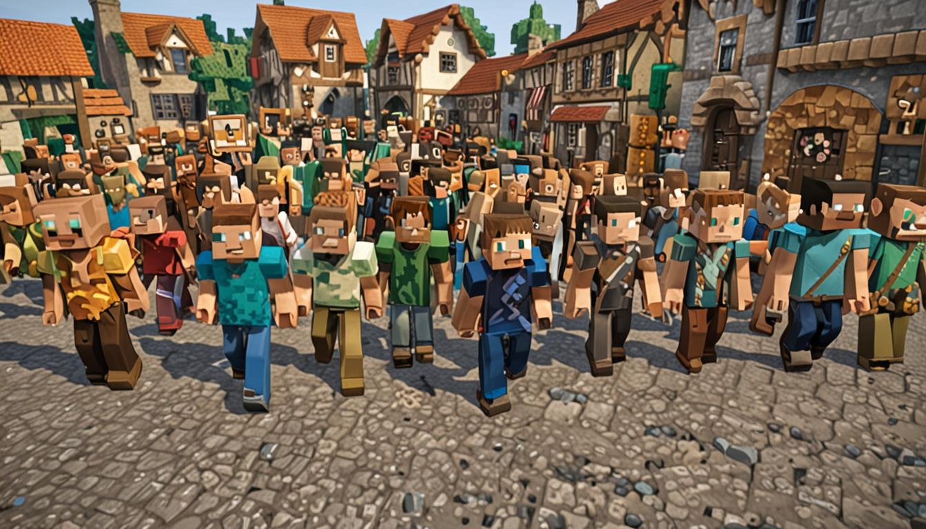 A Minecraft village scene with blocky pixelated houses made of cobblestone and oak wood planks, where several young Minecraft villager characters with square heads and simple clothing emerge from doorways, their faces showing amazement and curiosity. In the center stands a friendly-looking mob character named Tootcreep with distinctive brass-colored blocks integrated into its pixelated body, now appearing peaceful with glowing friendly eyes instead of hostile red ones. A young player character in standard Minecraft attire stands proudly next to an elaborate contraption made of various colorful blocks - redstone, iron blocks, wooden planks, and stone bricks - with water flowing from dispensers that clearly disabled the brass elements on the creature. In the background towers a unique backwards clock tower built from dark oak and redstone components, its clock face showing reversed numbers and hands, constructed with typical Minecraft block architecture. Scattered around the scene are piles of diverse Minecraft blocks including diamond ore, emerald blocks, quartz, and obsidian, representing the random collection mentioned, all rendered in the game's characteristic low-resolution, cubic aesthetic with bright, saturated colors and sharp edges.