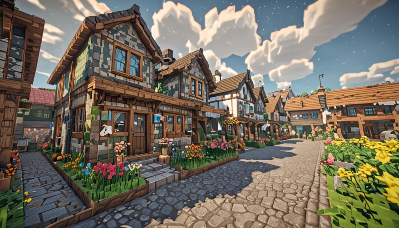 A Minecraft village scene showing blocky, pixelated buildings with square windows and doors, where a terrible green miasma drifts through the air in wispy, translucent clouds. In the foreground, a small flower shop made of cobblestone and wood planks displays wilted pixelated flowers in item frames, their once-bright colors now faded and drooping. Minecraft villagers with their characteristic large noses are covering their faces with their blocky hands, some with small cough particle effects around them. Several pixelated chickens huddle inside wooden fence enclosures, looking sickly with drooped heads and dim eyes. Overhead, a bizarre flying contraption hovers in the sky - a patchwork vehicle constructed from brown leather boots, glass blocks arranged like fish tanks, and gray iron pipes with green smoke particles billowing from them. The antagonist Lord Foulbreath sits atop this strange machine, rendered in typical Minecraft player style with a dark, menacing skin and cape flowing behind him. The entire scene has a sickly green tint to the lighting, with the normally bright and cheerful Minecraft village atmosphere corrupted by the spreading toxic clouds that cast ominous shadows across the blocky landscape.