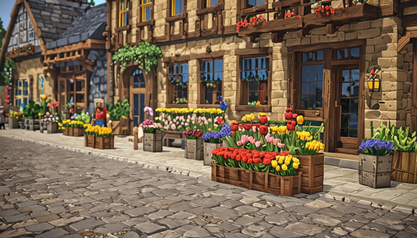 A charming Minecraft village scene featuring a cozy flower shop with vibrant pixelated blooms in various colors - red poppies, yellow dandelions, blue orchids, and pink tulips - displayed in blocky planters outside the building made of oak wood planks and cobblestone. In the foreground, a young Minecraft villager character with brown blocky hair carries a wooden chest toolbox overflowing with purple wool blocks, stone buttons scattered around, and green cactus pieces with their characteristic spiky pixelated texture. Behind them stands a peculiar backwards clock tower built from stone bricks and redstone components, with clock hands moving in reverse direction and glowing redstone dust circuits visible on its surface. The village setting of Blocky Bay features additional houses with terracotta roofs, cobblestone paths, and other friendly villagers in the background shaking their blocky heads with amused expressions. Colorful smoke particles in pink, blue, and yellow hues drift upward from a small failed contraption nearby, creating a whimsical atmosphere of creative experimentation gone awry in this peaceful Minecraft village environment.