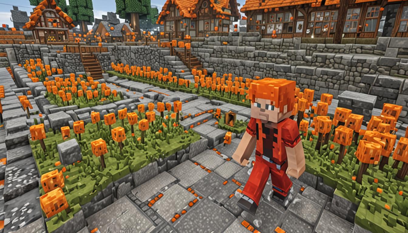 A Minecraft-style blocky village scene featuring a young pixelated character with distinctive bright orange spiky hair made of blocky orange wool textures, wearing glowing bright red pants that emit redstone particle effects and electrical crackling animations. The character stands on a detailed cobblestone path made of gray stone blocks with darker gray mortar lines, surrounded by typical Minecraft village buildings with wooden plank walls, stone foundations, and red clay tile roofs. The village workshop building is visible in the background, constructed from oak wood planks and cobblestone blocks with large glass pane windows and a wooden door. Scattered around the character's feet are small piles of bright red redstone dust particles glowing and sparkling against the cobblestone ground. Other small blocky Minecraft villager children with pixelated features can be seen in the background, some pointing and appearing to giggle with typical Minecraft villager expressions. The entire scene has the characteristic blocky, low-resolution pixelated aesthetic of Minecraft with vibrant colors, sharp edges, and cube-based textures throughout all elements including the buildings, ground, and character models.