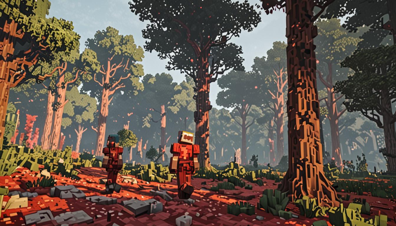 A dark, foreboding Minecraft forest scene with towering blocky oak and birch trees creating dense groves, their pixelated leaves casting ominous shadows across the woodland floor. Two Minecraft-style characters move cautiously through the treacherous terrain - one wearing distinctive glowing red pixelated pants that emit a soft crimson light, illuminating intricate redstone wiring circuits snaking along the ground and up tree trunks. Scattered throughout the forest floor are large, menacing brown and red spotted mushrooms with visible spore clouds puffing from their blocky caps, creating a hazy, toxic atmosphere. Hidden dispensers crafted from cobblestone and iron are cleverly concealed behind tree trunks and within hollow logs, their dark openings aimed at the forest pathways. The scene has a sinister green-tinted fog permeating the air, with particles and smoke effects suggesting the overwhelming stench mentioned in the story. Redstone dust glows faintly red along complex trap mechanisms, connecting pressure plates to the various contraptions, while glass bottles filled with murky green liquid (stink potions) are visible in some dispenser inventories. The lighting is dim and atmospheric, with occasional shafts of pale sunlight filtering through the dense canopy, creating a perfect setting for Lord Foulbreath's evil machinations in this treacherous Whispering Woods environment.