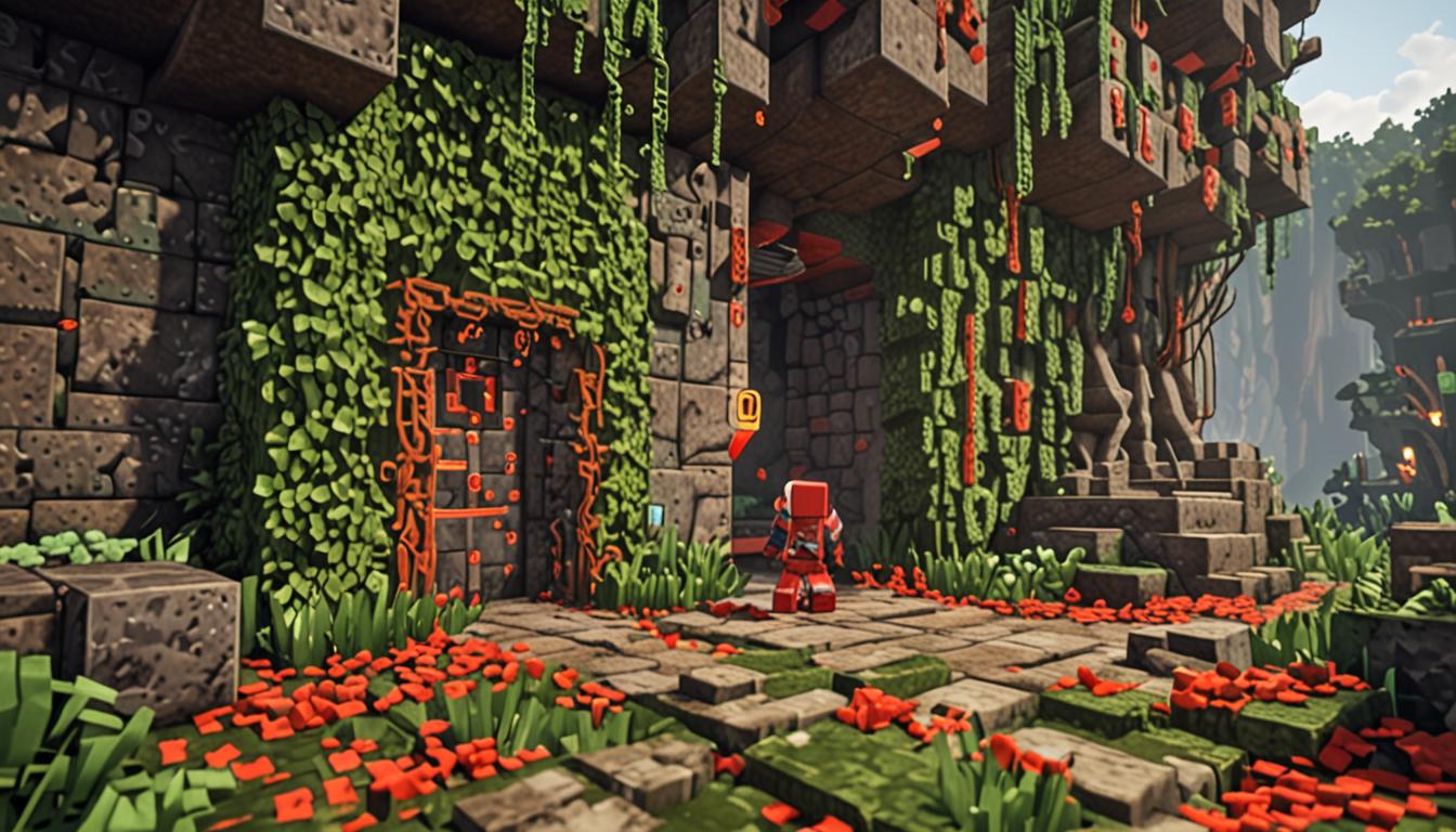 A Minecraft-style forest scene with thick blocky green vines covering a stone wall entrance to a hidden lair, where a pixelated player character wearing distinctive bright red glowing pants stands on a dark redstone pressure plate embedded in the mossy ground. The red pants emit pulsing red light particles and pixelated sound wave effects radiating outward, while nearby sits an open brown leather toolbox with various blocky Minecraft tools scattered around it including pickaxes, shovels, and redstone items. Another blocky player character named Wesley frantically presses different colored buttons on the toolbox with pixelated motion lines showing rapid movement. The dense forest setting features tall blocky oak and birch trees with square leaves, and in the background through the vine-covered wall, a mysterious dark contraption made of iron blocks, dispensers, and brewing stands can be glimpsed emitting green particle effects and dark smoke. Several friendly Minecraft creatures including blocky pigs, chickens, wolves, and villagers are running toward the scene from different directions through the forest, their square bodies showing motion blur effects and dust clouds at their blocky feet. The entire scene is bathed in dappled forest lighting with sun rays filtering through the square canopy, creating dramatic shadows and highlighting the chaotic, comedic moment of discovery.