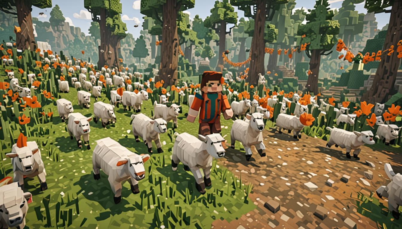 A vibrant Minecraft scene showing a chaotic parade approaching a sinister villain's lair in a forest clearing, with blocky pixelated characters including a player character named Wesley with a wide grin, leading a procession of cubic white sheep, orange-and-white chickens, small green baby zombies with their arms outstretched in playful poses, and brown-robed villagers with large noses following behind. In the background stands an ominous flying contraption made of dark obsidian and iron blocks with mechanical pistons and redstone components, parked among several large black cauldrons with bright green bubbling liquid effects and particle animations rising from them. Thick gray and brown pipes made of stone and iron blocks extend from the contraption, emitting dark smoke particles and stench effect clouds in various shades of green and brown. The forest clearing is surrounded by tall oak and birch trees with square leaves, while the ground is covered in grass blocks and dirt paths worn by the parade's movement. The lighting creates a dramatic contrast between the cheerful, colorful parade in the foreground and the dark, menacing mechanical lair in the background, with warm sunlight filtering through the pixelated tree canopy and casting blocky shadows across the scene.