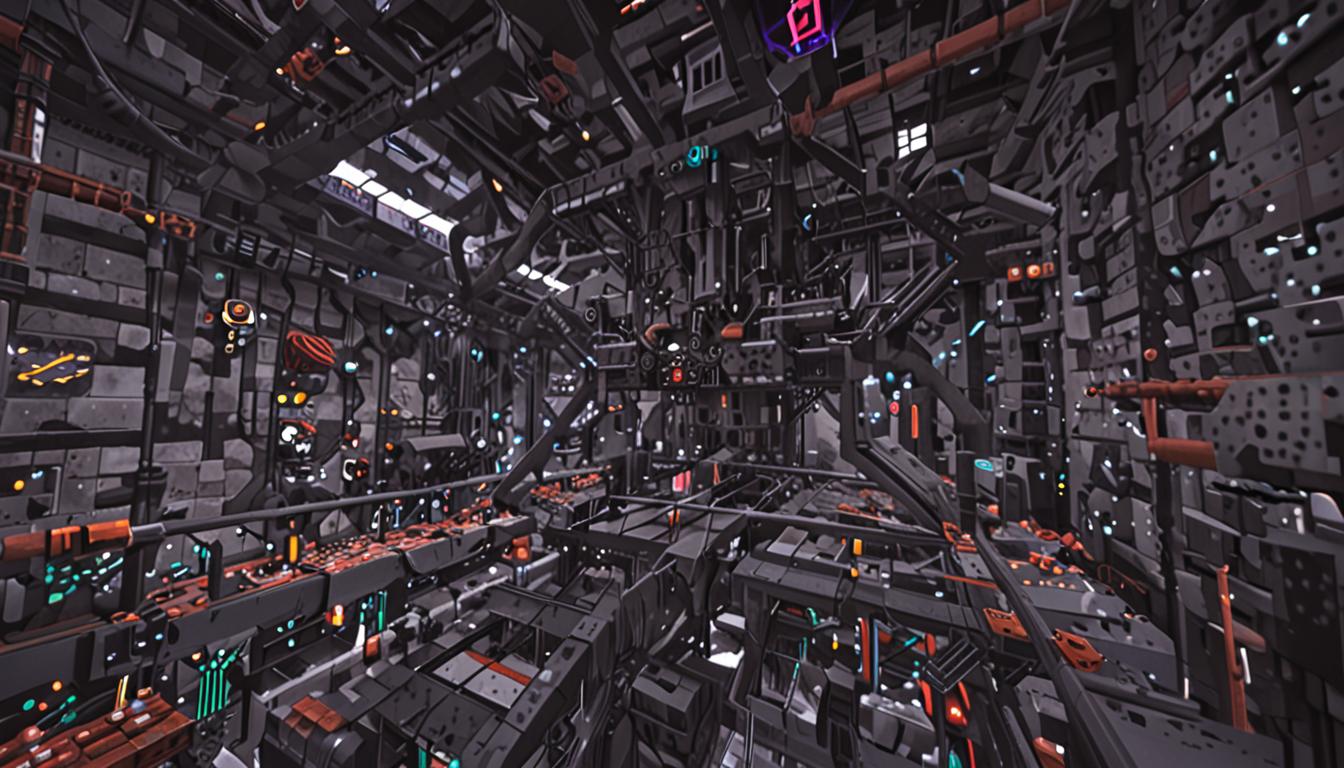 A Minecraft-style blocky, pixelated scene showing the interior of an elaborate evil flying contraption with dark metallic blocks and redstone machinery. The cramped cockpit features complex arrangements of iron pipes made from gray blocks, spinning gear mechanisms constructed from stone and iron blocks, and glass containers filled with bubbling green and purple liquid blocks that emit an ominous glow. Purple wool blocks are stuffed into square air vents along the walls, completely blocking the openings with their fuzzy pixelated texture. Sharp green cactus blocks are jammed between rotating gear assemblies, causing sparks and redstone particles to fly from the disrupted machinery. Multiple stone buttons and wooden buttons are scattered across a control panel made of smooth stone blocks, with redstone dust trails glowing red as they connect to various contraptions. The scene is lit by the eerie green glow from the bubbling potion containers and flickering redstone torches mounted on the walls, creating dramatic shadows across the blocky surfaces. Redstone repeaters and comparators are visible among the complex wiring, while hoppers and dispensers add to the mechanical complexity of this villainous flying machine's interior.