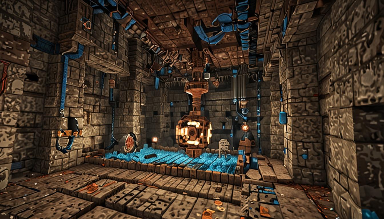A Minecraft-style underground chamber with blocky stone brick walls and dim torchlight, featuring a large mechanical contraption made of iron blocks, pistons, and redstone components that resembles a stink machine with pipes and gears. At the center of this complex machinery sits a magnificent glowing orb crafted from blue-tinted glass blocks with enchanted shimmer effects, pulsing with soft azure light that illuminates the surrounding pixelated environment. The orb appears to be the size of a large Minecraft block, floating slightly above a pedestal made of polished stone, with particle effects of fresh air swirling around it in translucent white and light blue streams. In the background, a tall backwards clock tower structure can be seen through an opening, built with cobblestone and featuring clock faces with hands moving in reverse, while redstone dust trails glow faintly along the walls connecting various mechanical elements. The entire scene has a mystical atmosphere with the blue orb's light casting blocky shadows on the pixelated stone surfaces, and small sparkle particles floating through the air to represent the transformation of bad odors into fresh, clean air.