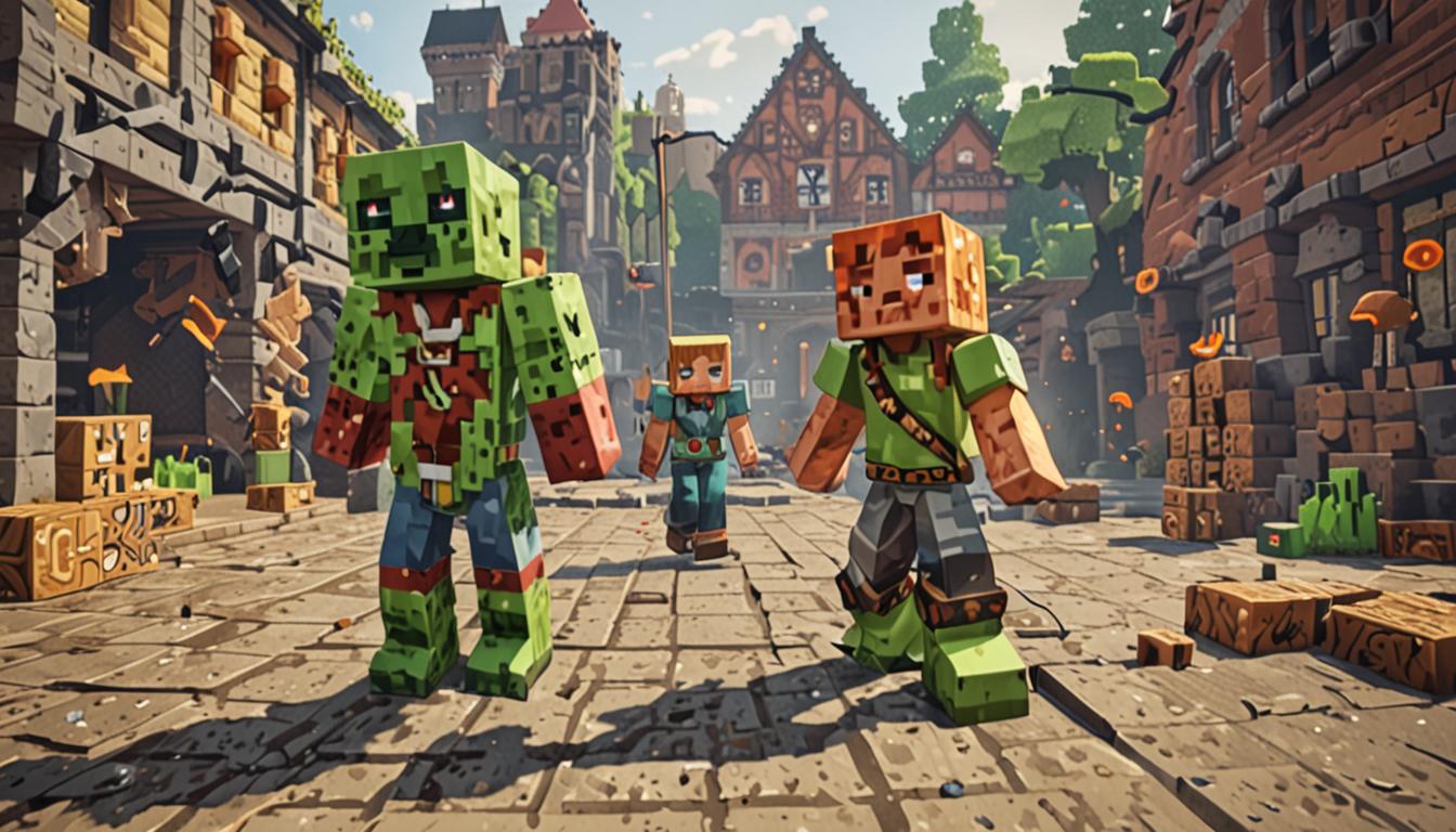 A dramatic Minecraft scene showing a pixelated village square with blocky cobblestone buildings in the background, where a young Minecraft character with distinctive beeping mechanical pants made of redstone circuits and glowing components stands triumphantly next to another character wearing oversized, squishy lime-green boots with a bouncy, gelatinous texture. Scattered around them are various colorful Minecraft blocks - dirt, stone, wood, and ore blocks - that appear to have been thrown or placed strategically. In the center of the scene, a menacing villager-like antagonist named Lord Foulbreath with a dark hooded robe and glowing red eyes displays a confused expression, his blocky face showing surprise and bewilderment. Surrounding him are several small, adorable baby zombies with tiny pixelated bodies, bright green skin, and oversized heads, all appearing to dance and move playfully around the confused villain. Behind them looms a large, intimidating mechanical contraption built from dark iron blocks, pistons, and redstone machinery with steam or smoke particles emanating from it. The entire scene is bathed in warm, golden Minecraft lighting that creates dramatic shadows and highlights the triumphant, whimsical atmosphere of an unexpected victory where quirky differences became the key to saving the day.