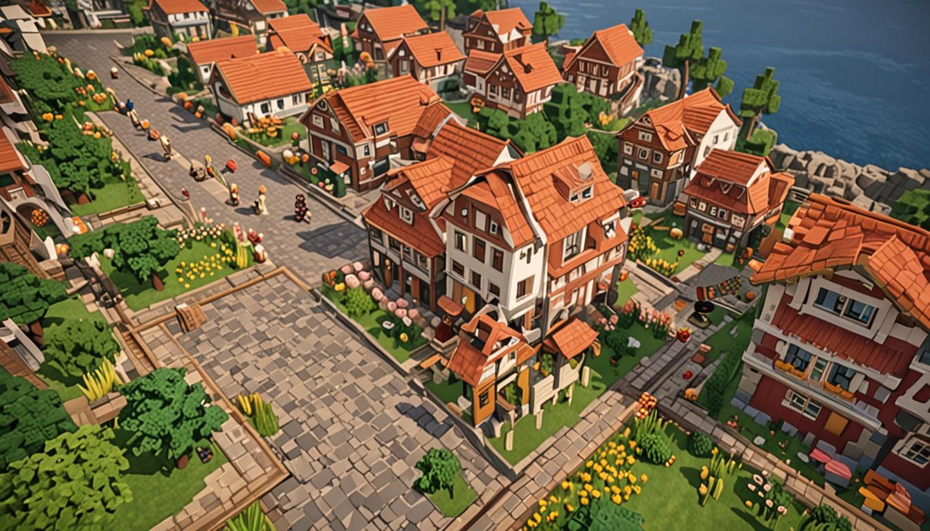 A vibrant Minecraft village scene at Blocky Bay Village with cobblestone paths winding between colorful blocky houses made of oak wood planks and stone bricks, featuring red clay tile roofs and glowing windows. In the center stands a young Minecraft character named Rory wearing distinctively bright red pixelated pants that emit a subtle magical glow, surrounded by cheering villager NPCs with their characteristic large noses and brown robes, all rendered in classic Minecraft blocky style. An elderly grandmother villager with gray hair gives Rory a warm embrace while other villagers clap and smile, their faces showing joy and admiration. Wesley, another blocky Minecraft character, stands proudly beside Rory, both wearing special shiny iron block badges on their chests that gleam with metallic reflections. The village atmosphere is celebratory with warm golden lighting from torches and lanterns placed around the buildings, creating a heroic homecoming scene. In the background, various building projects are visible including half-constructed houses with scaffolding made of wooden planks and ladders, while the red pants on Rory occasionally sparkle with tiny red particle effects, suggesting their magical danger-detecting properties in this triumphant Minecraft village celebration.