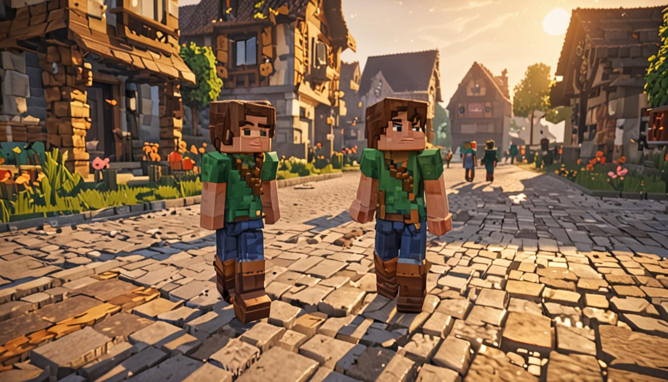 A dramatic Minecraft scene showing two blocky pixelated characters standing in a village square at late afternoon, with golden sunset light casting long shadows across cobblestone blocks. The main character Rory appears as a nervous-looking Minecraft villager with brown hair and inventor's goggles, wearing a blue tunic, while Wesley is a determined young villager in green clothing and muddy brown leather boots, both rendered in classic Minecraft's cubic art style. In the background, distressed Minecraft villagers with sad expressions cover their blocky noses with their hands, some coughing with visible green particle effects around them. A menacing dark tower looms in the distance with smoke and purple-green stink clouds billowing from a large mechanical contraption on top - the Super Stink Machine - built from dark stone blocks, iron blocks, and redstone components with glowing red elements. The village buildings are constructed from typical Minecraft materials like oak wood planks, cobblestone, and clay blocks, with some windows showing concerned villager faces peering out. Mysterious forest trees made of dark oak and birch blocks stretch toward the horizon, representing the Whispering Woods where the legendary Orb of Eternal Fresh Air is hidden. The entire scene has Minecraft's distinctive pixelated, blocky aesthetic with vibrant colors and the warm orange-pink lighting of approaching sunset, creating an atmosphere of urgency and adventure as the characters prepare for their quest against the antagonist's evil plan.