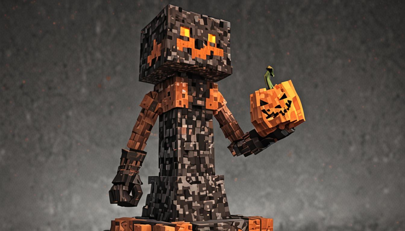 A menacing Minecraft villain character named Lord Foulbreath stands atop a tall blocky tower, his pixelated form rendered in dark, intimidating colors with glowing red eyes and a sinister blocky smile. He holds a carved jack-o'-lantern pumpkin that has been hollowed out and shaped into a megaphone, with orange blocky textures and carved triangular eyes and jagged mouth typical of Minecraft pumpkins. Below him spreads the charming village of Blocky Bay, constructed entirely of colorful Minecraft blocks - cobblestone houses with wooden plank roofs, glass block windows, and small gardens made of grass blocks and flower blocks. The entire scene is bathed in Minecraft's characteristic lighting system with sharp shadows and bright, saturated colors, while the background shows rolling hills made of grass blocks, dense forests of oak and birch block trees, and distant mountains constructed from stone and dirt blocks under a bright blue pixelated sky with square white clouds.