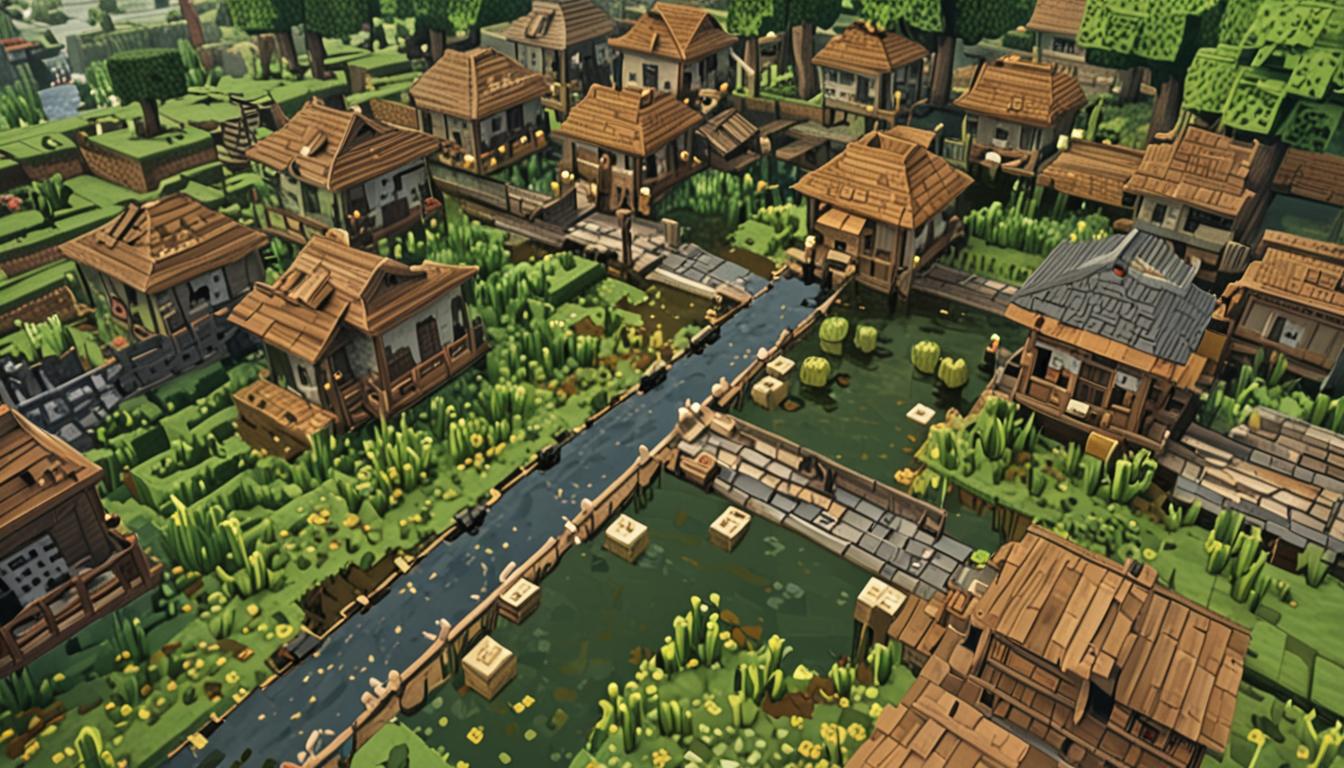 A Minecraft village scene showing blocky, pixelated houses and cobblestone pathways completely flooded with murky brown and green swamp water blocks. The water has a translucent, slimy texture with floating particles and algae-like green patches scattered throughout. Minecraft villagers with their characteristic square heads and robes are frantically running around, some carrying wooden chests and valuable items above their heads to keep them dry. In the foreground, a small garden area with colorful pixelated flowers - red poppies, yellow dandelions, and blue orchids - are being slowly submerged by the rising dirty water, with green slime blocks beginning to cover the flower stems. The village buildings show typical Minecraft architecture with oak wood planks, cobblestone foundations, and red clay tile roofs, but their lower levels are now partially underwater. The lighting has a dim, overcast atmosphere with gray clouds overhead, creating shadows that reflect the crisis mood. Water droplets and splash effects are visible around the villagers' feet as they wade through the murky flood, and some wooden doors and windows of the houses show water damage with darker, stained textures.