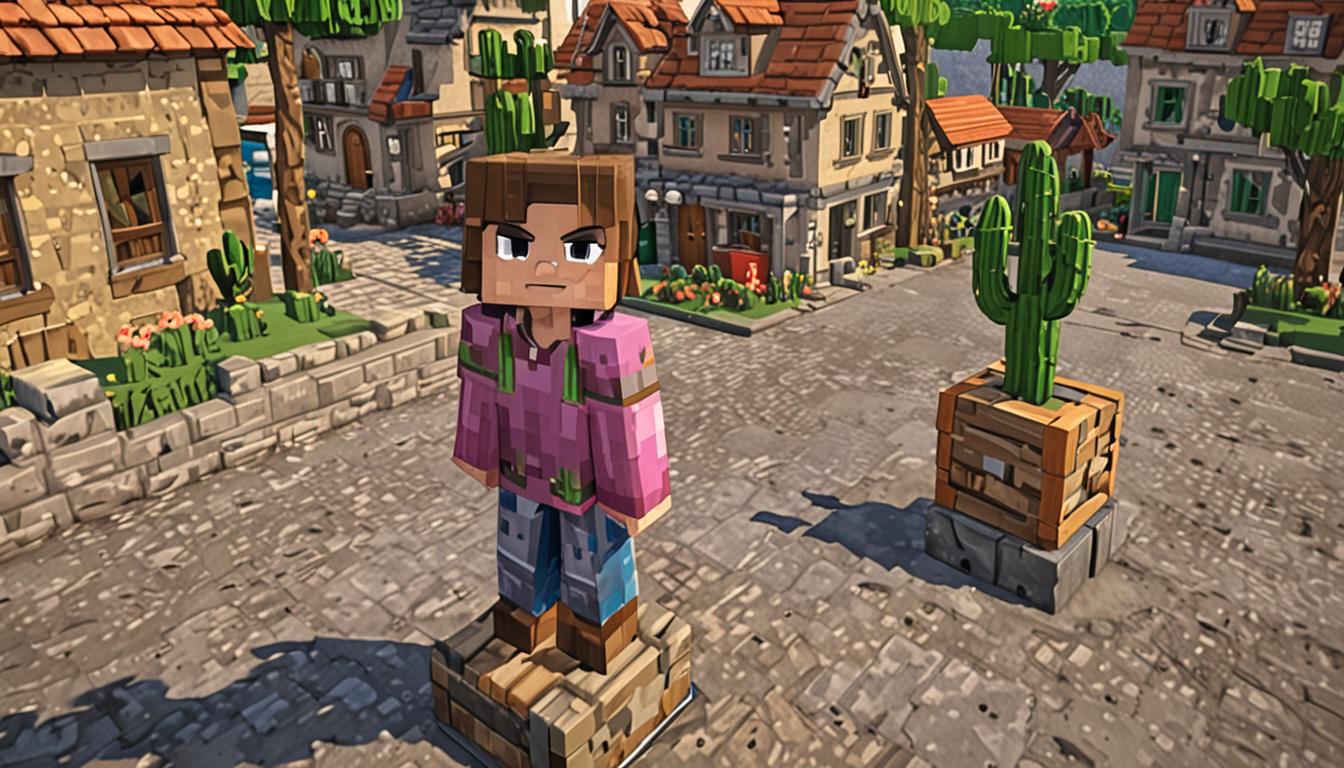 A young Minecraft villager character with blocky, pixelated features stands in the center of a quaint village square, surrounded by typical Minecraft village buildings with cobblestone foundations and wooden plank walls. The character has a slightly disheveled appearance with tousled brown blocky hair and carries a large wooden chest or toolbox overflowing with colorful Minecraft blocks - bright purple wool blocks, green cactus blocks, stone buttons, and various other random crafting materials spilling out in a chaotic but charming way. Behind the character looms an unusual backwards clock tower built from cobblestone and wood planks, with redstone components visible and a clock face that appears to run counterclockwise, its hands pointing in the wrong direction with glowing redstone dust particles around the mechanism. Small puffs of colorful smoke - purple, pink, and yellow particle effects - drift around the scene from recent failed experiments, creating a whimsical atmosphere. The village setting includes other blocky buildings in the background, with warm sunlight casting pixelated shadows across the cobblestone paths, and perhaps a few other villager NPCs watching from doorways with amused expressions, all rendered in the distinctive blocky, low-resolution Minecraft art style.