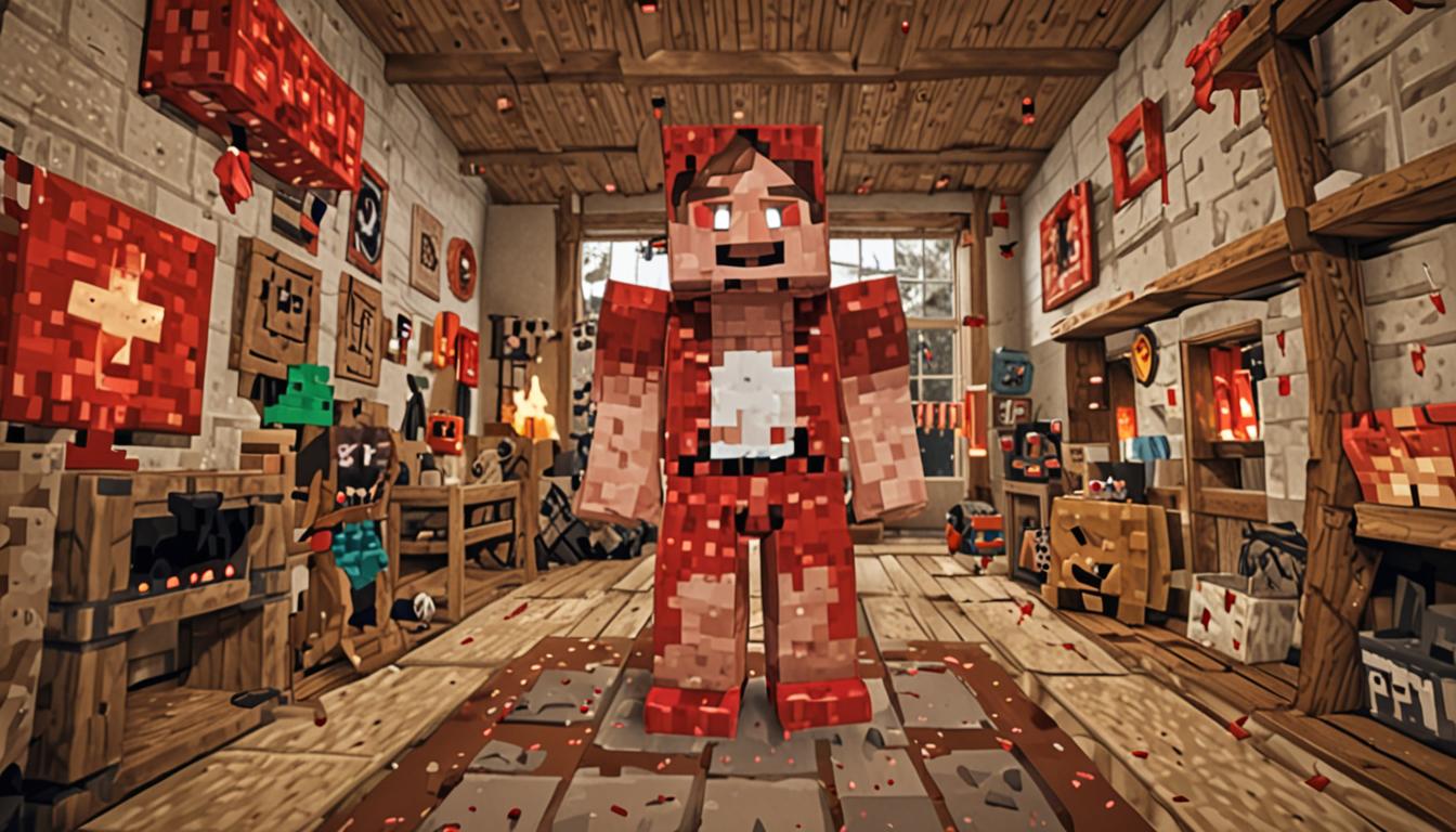 A cheerful Minecraft-style blocky character named Rory standing in the center of a pixelated village workshop, wearing distinctive bright red glowing pants that shimmer with redstone particle effects. The character has a big blocky smile and excited expression, with small red sparkles emanating from their glowing redstone-stained pants. Surrounding the scene is a typical Minecraft village workshop interior with blocky wooden workbenches, crafting tables, and stone furnaces, all rendered in the classic pixelated aesthetic. Scattered around the wooden floor are piles of bright red redstone dust particles that glitter and sparkle, creating a magical atmosphere. In the background, other young Minecraft villager characters with blocky heads and simple clothing are visible, some pointing and giggling at Rory's glowing pants. The workshop has warm lighting from torches mounted on the stone brick walls, casting blocky shadows and highlighting the red glow effect from the redstone-covered pants. The entire scene captures the whimsical, magical moment of discovery in true Minecraft blocky style with vibrant colors and pixelated textures throughout.
