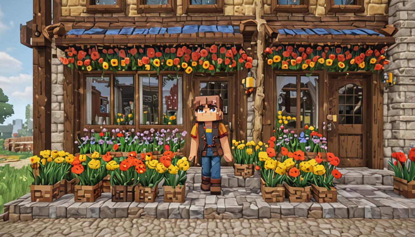 A charming Minecraft village scene featuring a cozy blocky flower shop with colorful pixelated flower blocks displayed in wooden planters and item frames on the exterior walls, including red poppies, yellow dandelions, blue orchids, and pink tulips arranged in neat rows. In front of the shop stands a young Minecraft character with a nervous expression, wearing simple brown leather tunic and pants, holding a wooden toolbox filled with various colorful building blocks like cobblestone, wood planks, redstone dust, and iron ingots spilling slightly over the edges. Scattered around the character are several incomplete contraptions made of redstone circuits, pistons, and dispensers that appear to be malfunctioning with small smoke particle effects. The village background shows traditional Minecraft houses with cobblestone foundations, oak wood walls, and red clay tile roofs, connected by stone brick pathways. An elderly villager character with gray hair and a green apron stands in the doorway of the flower shop, watching warmly. The lighting is soft and golden, suggesting late afternoon sun filtering through the blocky landscape, creating a cozy and supportive atmosphere despite the scattered failed inventions around the aspiring builder.