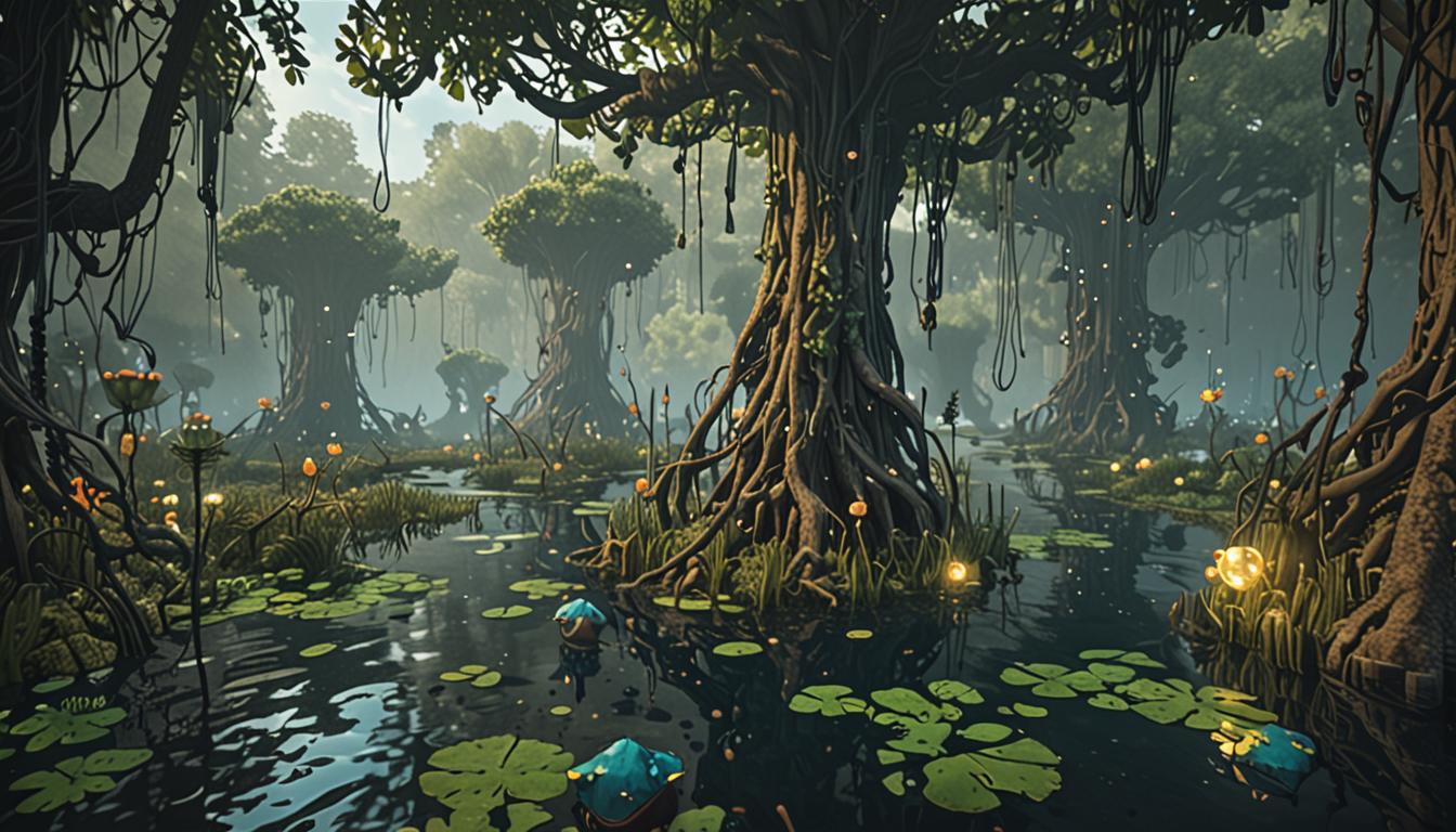 A menacing Minecraft-style Dark Swamp biome with murky dark water blocks and twisted oak trees draped in hanging vines, where a villainous character named Duchess Muckmaw stands wielding a magical staff topped with a glowing, pixelated pufferfish that emanates bright blue-green light particles. The swamp is filled with lily pad blocks floating on dark water surfaces, and in the depths lies a magnificent crown crafted from bright emerald blocks arranged in a regal formation with lily pad blocks decoratively placed around its base, radiating a mystical green glow. The atmospheric scene shows flooded village structures partially submerged in the background with water blocks cascading down, while various swamp creatures like slimes and frogs populate the misty, fog-covered landscape. The lighting creates an ominous yet magical ambiance with the pufferfish staff casting ethereal light rays through the dark swamp environment, and the legendary Swamp Crown gleaming with enchanted particles that suggest its power over water and swamp creatures.