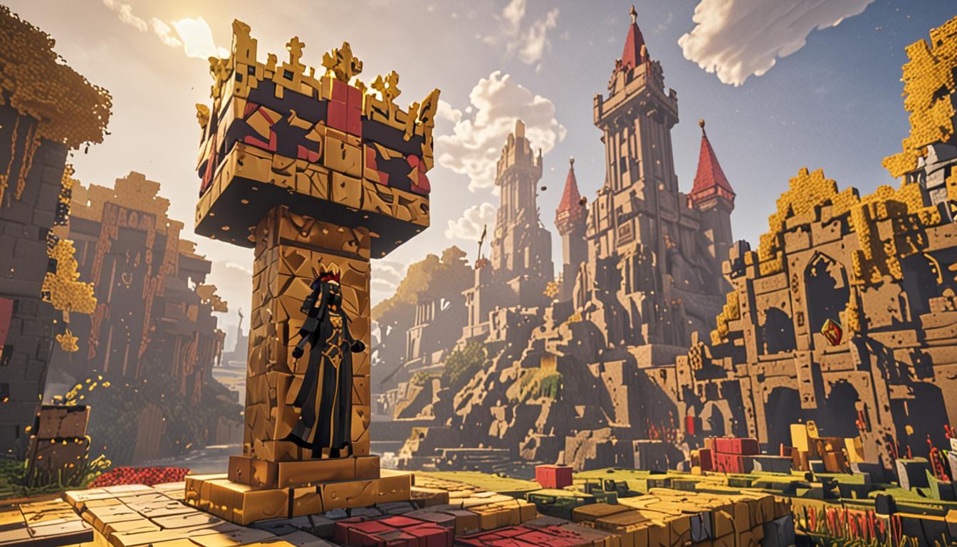 A dramatic Minecraft scene showing a menacing blocky female character with dark robes and glowing red eyes reaching toward a magnificent golden crown floating above a pedestal, the crown crafted from golden blocks with intricate pixelated gem details and radiating bright yellow particle effects. In the background, a split landscape shows one half as a vibrant, colorful Minecraft village with rainbow-colored wool blocks, flowering trees made of oak wood and green leaf blocks, and bright grass blocks, while the other half transforms into a dark, murky swamp biome with brown muddy water blocks, twisted dark oak trees, and sickly green fog particles. In the foreground, a nervous Minecraft player character wearing distinctively glowing enchanted diamond pants that flicker with blue and white light effects stands next to another blocky character wearing bright blue leather boots, both rendered in classic Minecraft Steve-style proportions with concerned pixelated expressions, surrounded by worried villager NPCs with their characteristic large noses and brown robes, all set against a dramatic sky with dark storm clouds made of gray and black wool blocks.