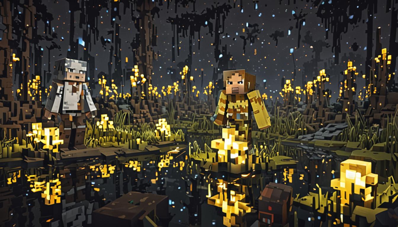 A dramatic Minecraft swamp scene at night with blocky, pixelated characters in crisis. In the foreground, a glowing Minecraft player character named Rory emits bright white and yellow particle effects, their blocky body radiating beacon-like light that illuminates the dark swamp surroundings. Nearby, another pixelated player character whispers urgently, both figures rendered in classic Minecraft blocky style with square heads and rectangular limbs. Dominating the scene is a menacing Minecraft mansion with dark oak wood blocks and cobblestone foundation, its heavy wooden door creaking open with rusty iron hinges. Emerging from the doorway is the terrifying Duchess Muckmaw, a custom Minecraft mob with slimy green textured skin made of slime blocks, beady yellow glowing eyes like blazing torches, and a crown crafted from bone blocks and fish items arranged in a regal pattern. In her blocky hand, she grips a magical staff topped with a glowing pufferfish that pulses with enchanted blue-green light, casting eerie reflections on the surrounding swamp water blocks. The atmosphere is tense and foreboding, with dark swamp biome elements including lily pads, murky water blocks, hanging vines, and twisted dark oak trees creating shadows in the moonlit Minecraft landscape.