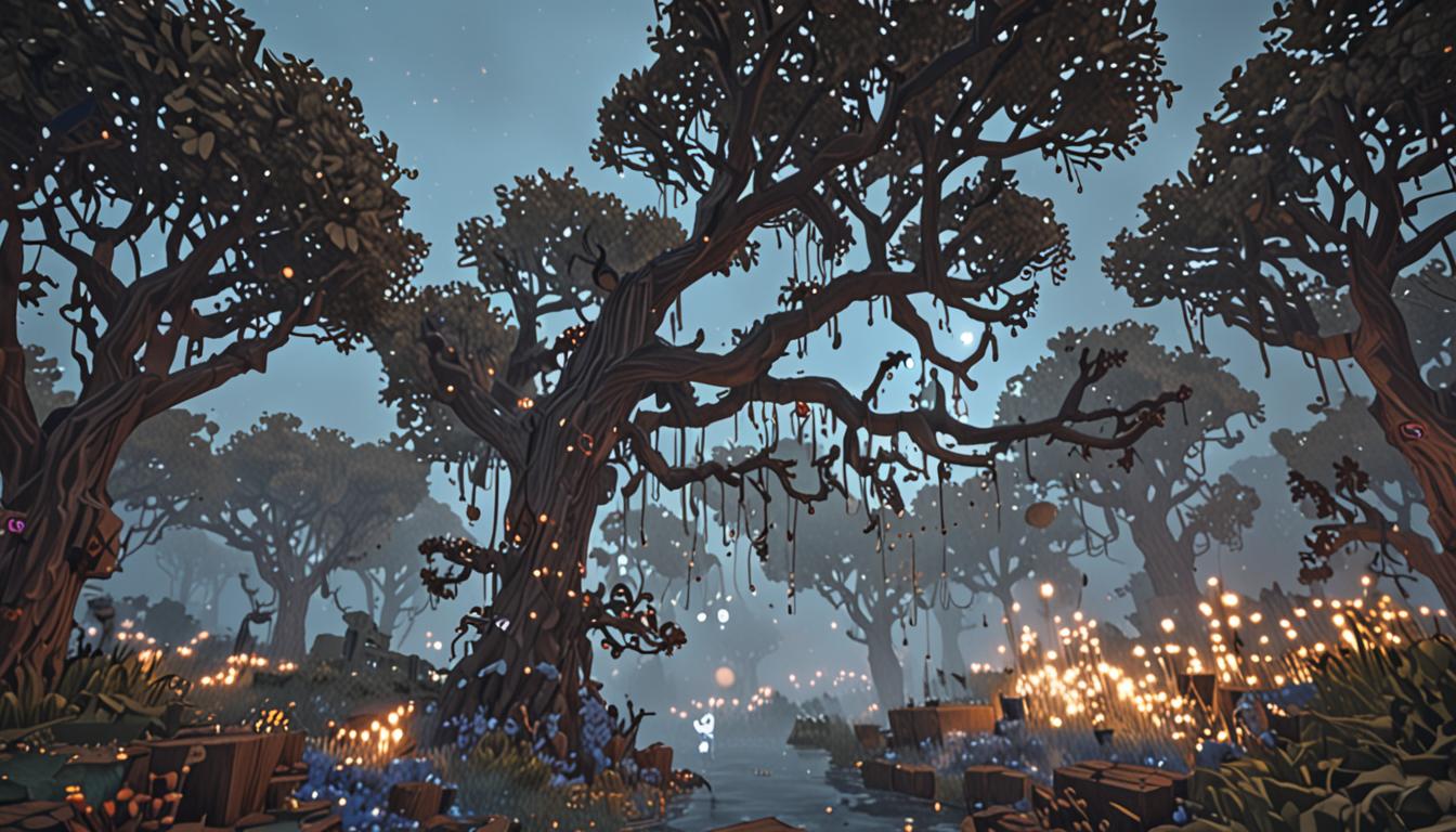 A Minecraft swamp biome scene with thick, blocky gray fog particles floating through the air, featuring a large, twisted dark oak tree with gnarled, angular branches made of dark brown wood blocks. A Minecraft player character is stuck upside-down in the tree branches, wearing bright glowing enchanted pants that emit a soft blue-white light effect with pixelated sparkle particles. Below on the muddy swamp ground made of brown and green dirt blocks, a scattered wooden toolbox has spilled its contents everywhere - bright purple wool blocks, green cactus block pieces, and various stone and wooden button items are spread across the muddy terrain. Another Minecraft player character named Wesley stands nearby on the swamp ground, positioned in a way that suggests suppressed laughter, with the characteristic blocky Minecraft player model proportions. The entire scene is rendered in Minecraft's distinctive pixelated, blocky art style with the swamp's characteristic dim lighting filtering through the fog, creating atmospheric shadows and highlighting the glowing enchanted pants effect against the murky swamp environment.