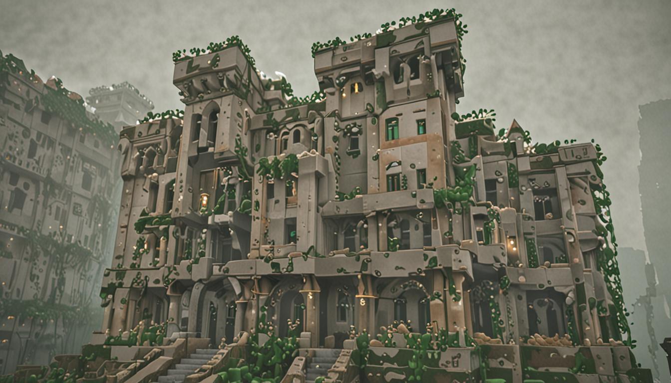 A towering, asymmetrical Minecraft mansion constructed entirely of brown mud blocks rises ominously through thick gray fog, its walls completely overgrown with dark green vine blocks that drape and twist around the structure's irregular angles and crooked architecture. Eerie emerald-green light glows from within multiple blocky windows scattered across the mansion's facade, casting pixelated rectangular beams that pierce through the dense fog surrounding the building. Two Minecraft player characters stand in the foreground - one pointing toward the mansion while the other observes nervously, both rendered in the classic blocky Minecraft style with square heads and rectangular bodies. The character in focus wears glowing enchanted pants that emit a bright magical aura with pixelated light particles floating around the lower body, the luminescence intensifying and pulsing with animated energy. The entire scene is shrouded in atmospheric gray fog blocks that create a mysterious, foreboding mood, while the mansion looms menacingly against a dark, stormy Minecraft sky filled with gray and black cloud blocks.