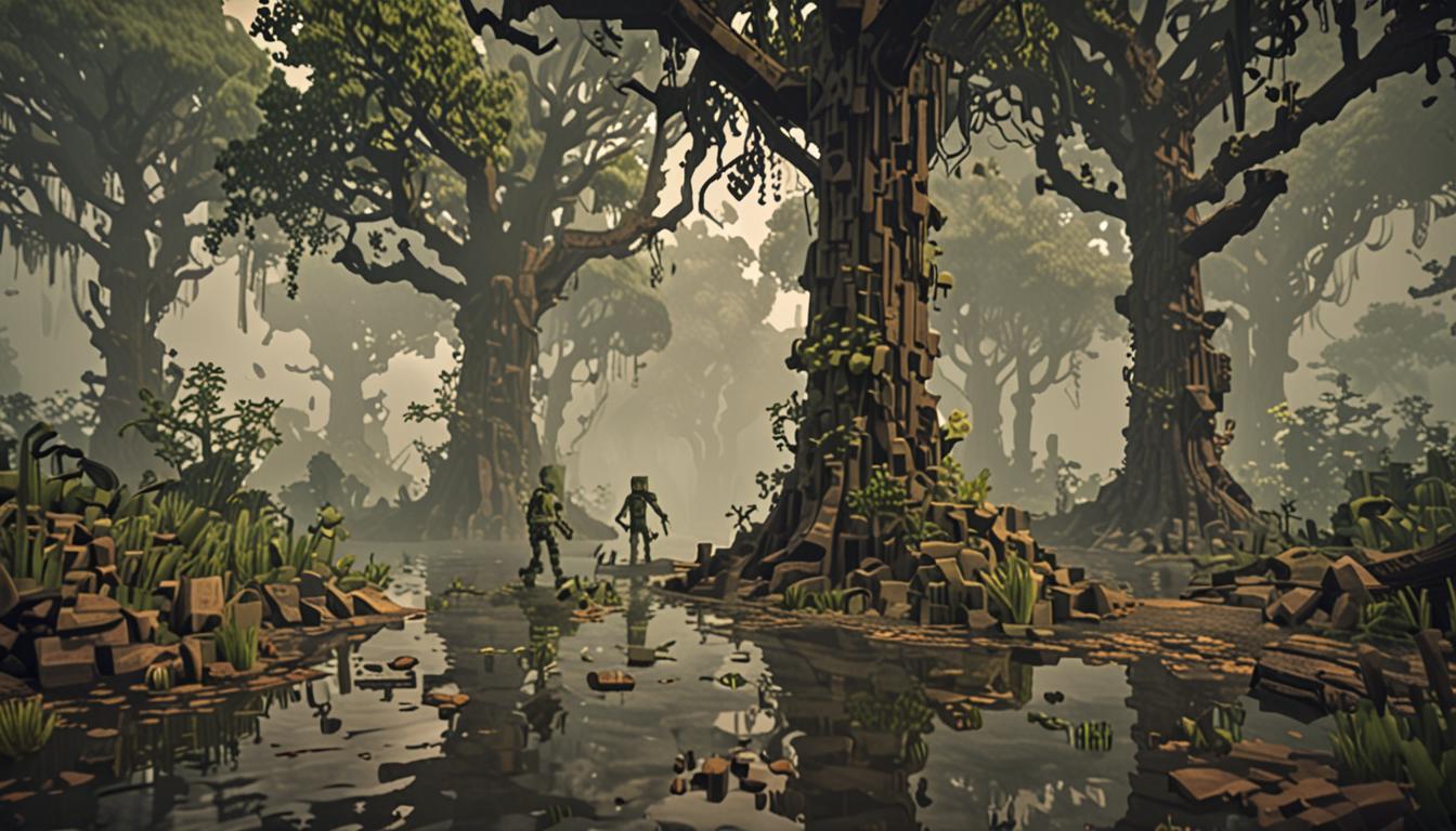 A dark, atmospheric Minecraft swamp biome scene with two blocky pixelated characters navigating through twisted, gnarled oak trees with drooping vines and moss-covered bark textures. The ground features bubbling brown mud blocks with particle effects rising from murky water pools, while thick green fog particles drift through the air creating an ominous, spooky atmosphere. One character wears distinctive glowing enchanted diamond leggings that emit bright white light particles, illuminating the dark swamp path with a magical glow effect. The second character holds a detailed Minecraft-style map item in their blocky hands, showing brown parchment texture with black line markings. Several shambling zombie mobs with their characteristic green pixelated skin and tattered clothing lurk in the background among the twisted tree trunks. The entire scene is rendered in Minecraft's signature blocky, voxel-based aesthetic with dramatic lighting contrasts between the glowing pants' bright illumination and the dark, foreboding swamp environment filled with shadowy corners and mysterious depths.