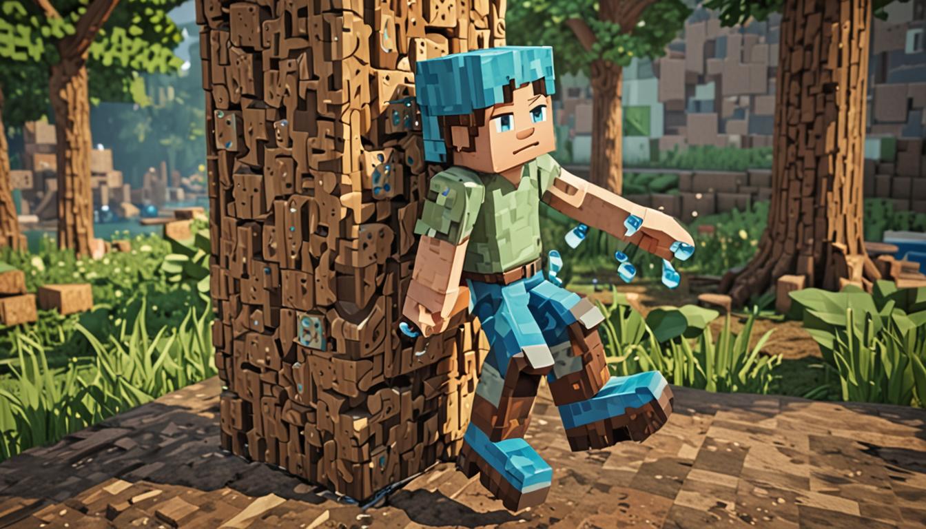 A Minecraft-style scene showing a blocky, pixelated character named Wesley wearing distinctive blue water boots with a squishy, translucent texture climbing up the side of a large oak tree trunk made of brown wooden blocks. The tree has detailed bark textures in the classic Minecraft blocky style, with green leafy blocks forming the canopy above. Another character named Rory is hanging upside-down from a tree branch, their blocky Minecraft avatar suspended with arms dangling, wearing enchanted pants that emit a bright magical glow with particle effects radiating outward in golden and white light. In the background, several green slime mobs are bouncing around on the grassy block terrain, their gelatinous bodies stretching and compressing with each bounce, creating motion blur effects. A third character, the Duchess, stands nearby as a regal Minecraft villager wearing purple robes and a small crown, appearing distracted by the bouncing slimes. The entire scene is rendered in classic Minecraft's distinctive blocky, pixelated art style with vibrant colors, dynamic lighting from the glowing pants illuminating the surrounding blocks, and atmospheric particles floating through the air to convey the magical, adventurous mood of the crisis situation.