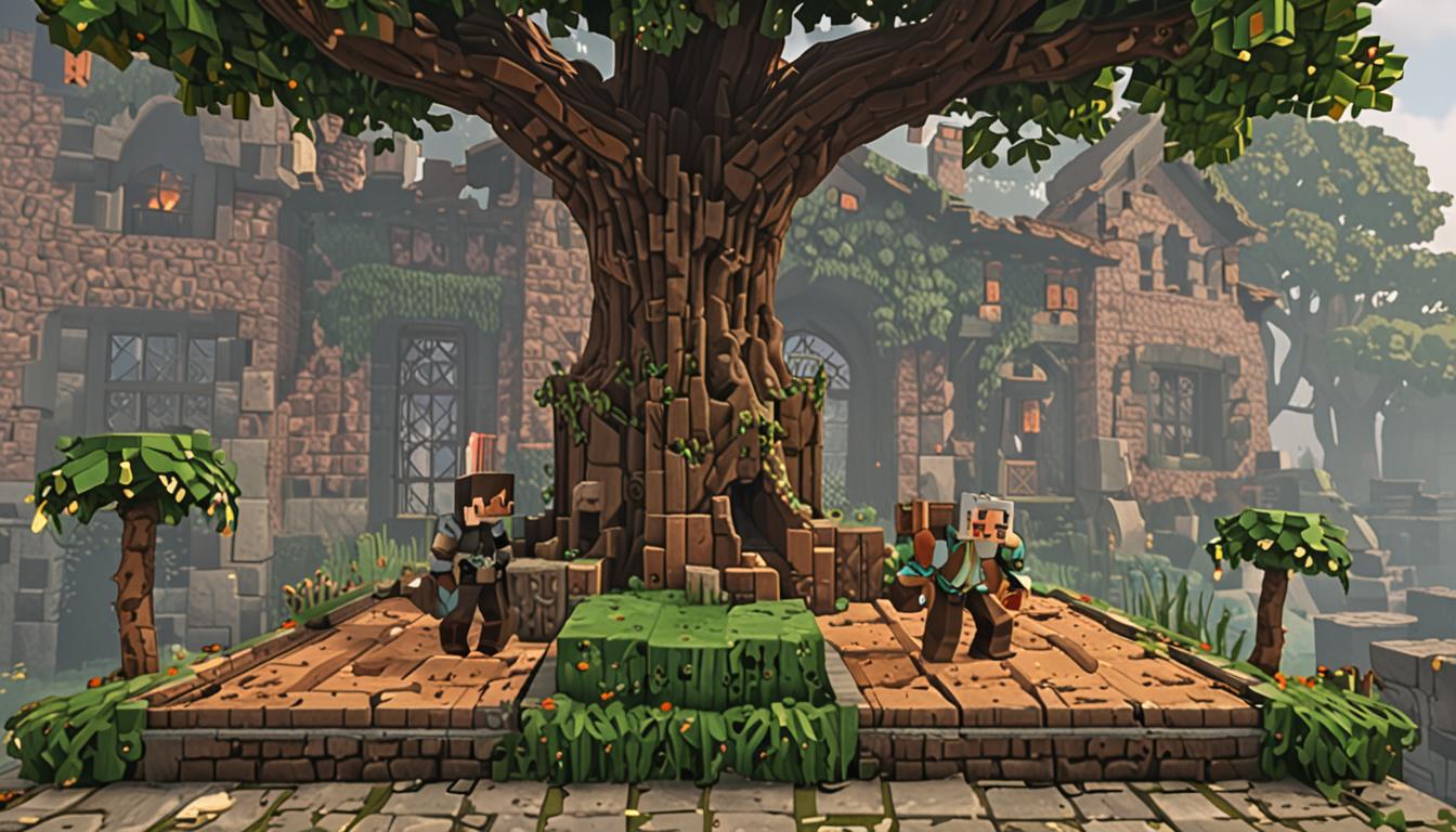 A Minecraft-style scene showing two blocky pixelated characters crouched behind a large mansion made of dark oak planks and cobblestone blocks, with one character helping untangle the other from a sprawling oak tree with thick brown bark blocks and green leaf blocks. Through a glowing window frame of the mansion, a magnificent Swamp Crown sits prominently on a pedestal constructed entirely of brown mud blocks, the crown featuring brilliant emerald blocks that emit sparkling light particles and enchanted lily pad blocks that glow with magical green and blue particles floating around them. A menacing Duchess character with slimy green pixelated skin and blocky fingers reaches toward the crown, her arm extended in the dimly lit interior room. The scene captures a tense nighttime atmosphere with soft moonlight filtering through the tree canopy, casting blocky shadows on the ground made of grass blocks and dirt, while the magical glow from the Swamp Crown illuminates the window and creates dramatic lighting contrasts throughout the pixelated Minecraft environment.