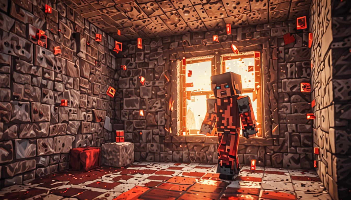 A dramatic Minecraft scene showing a blocky, pixelated character named Rory with glowing bright red enchanted pants or leggings, the fabric radiating intense crimson light particles and magical sparkles in classic Minecraft enchantment style. The brilliant red illumination streams through a blocky stone window frame, casting geometric shadows and lighting effects across the pixelated environment. In the background, a menacing Minecraft-style character representing Duchess Muckmaw with distinctive yellow blocky eyes and green slimy textured skin, recoiling dramatically with her cubic hands covering her face in a defensive pose. The scene captures the moment of magical crisis with dynamic lighting contrasts - the intense red glow from the enchanted clothing creating sharp light beams and particle effects against darker stone block surroundings. The atmosphere is tense and magical, with floating light particles, glowing enchantment auras, and dramatic shadows cast across the blocky Minecraft landscape, all rendered in the game's signature pixelated, cubic aesthetic with vibrant colors and sharp geometric forms.