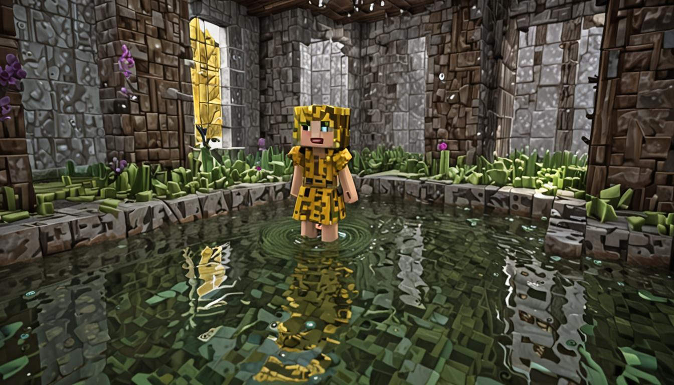 A dramatic Minecraft swamp scene inside a blocky castle chamber with dark oak wooden floors now covered in murky green swamp water, creating reflective puddles across the pixelated stone brick room. A regal female Minecraft character in purple and gold blocky robes slides frantically across the slippery floor with arms outstretched, her blocky face showing surprise as she loses her balance like ice skating. Near a large stone-framed window, two smaller Minecraft characters are climbing through - one appears to be Wesley with brown blocky hair splashing more swamp water from a bucket, while another character reaches toward a magnificent golden crown adorned with emerald blocks and swamp-themed decorations sitting on a pedestal. The Swamp Crown gleams with enchanted golden blocks, featuring intricate pixelated details of lily pad patterns and small emerald gems arranged in a royal design. Dim torchlight flickers against the wet stone walls, casting dramatic shadows while green particles float in the air, creating an atmosphere of urgent escape and magical mischief in this blocky Minecraft crisis scene.