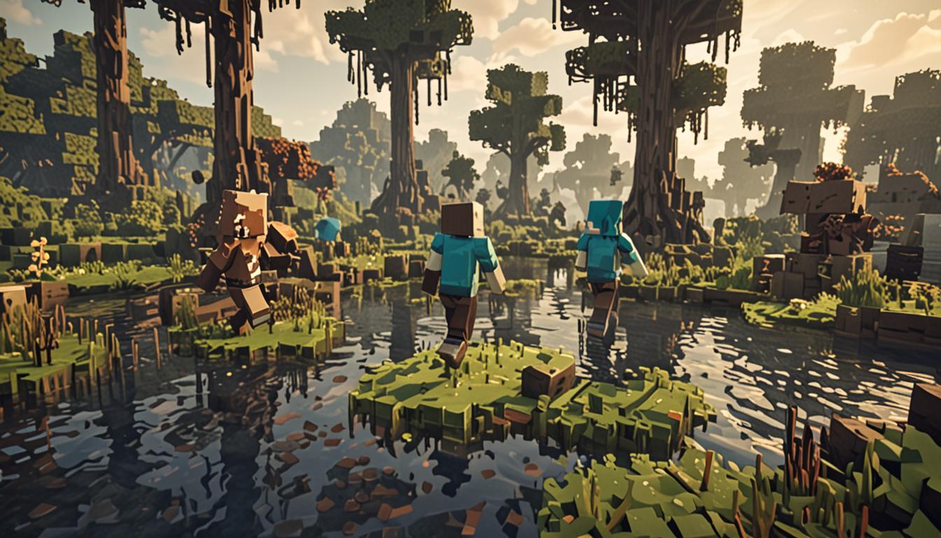 A dramatic Minecraft swamp biome scene with blocky, pixelated terrain featuring murky green-brown water blocks, dark oak trees with hanging vines, and muddy brown dirt blocks scattered throughout. In the foreground, two Minecraft-style characters are running - one wearing distinctive glowing enchanted diamond pants that emit bright blue-white light particles, casting illumination across the dark swamp environment, while carrying a magnificent golden crown made of blocky gold blocks with intricate pixelated gem details in emerald green and diamond blue. Behind them, a large female character in noble attire (Duchess Muckmaw) is slipping on muddy brown blocks, her blocky form covered in brown and green slime particles. Several confused Minecraft zombies with their characteristic green skin, tattered blue shirts, and blocky limbs are scattered around the swamp, some turning away from the Duchess with question mark particles above their heads. The scene is lit by the magical glow from the enchanted pants, creating dramatic lighting effects on the swamp fog and mist blocks floating in the air, with lily pads on the water surface and mushrooms growing on the muddy terrain, all rendered in classic Minecraft's distinctive blocky, pixelated art style.