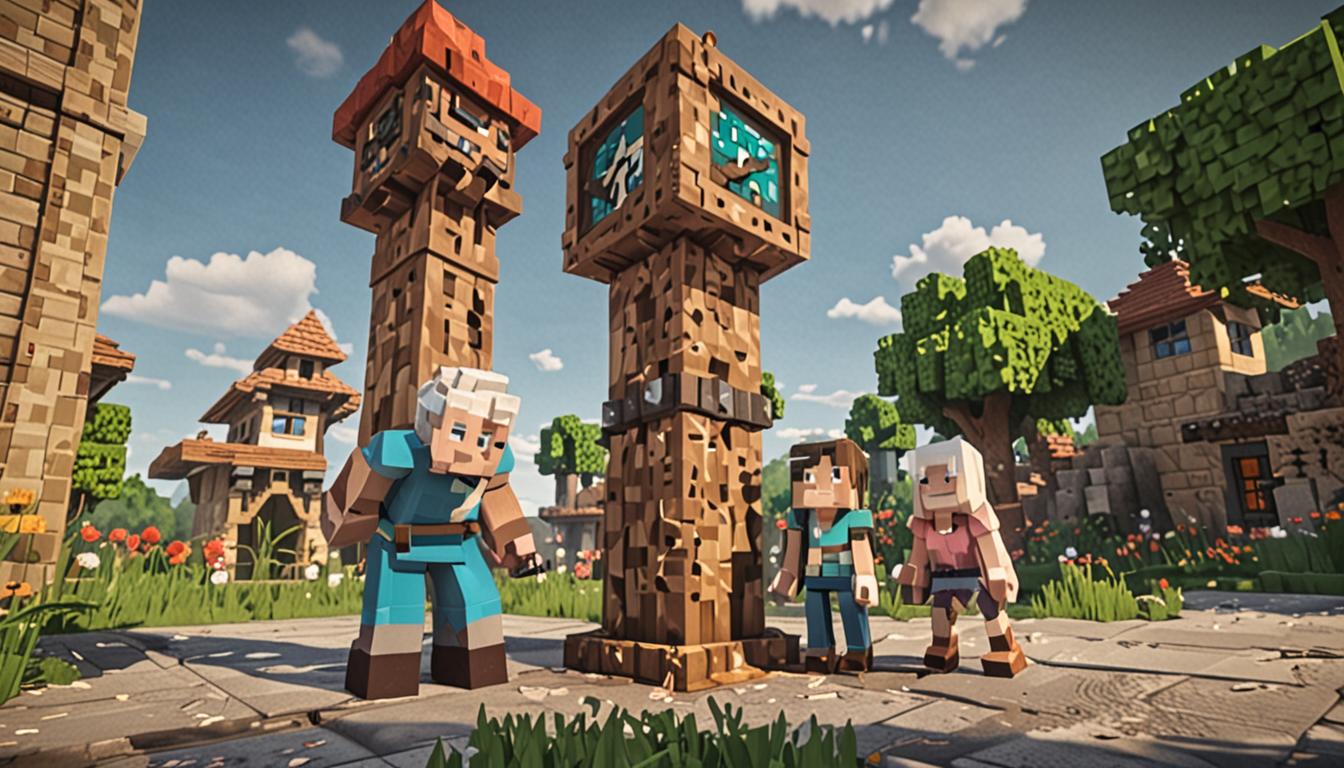 A heartwarming Minecraft village scene featuring a young blocky character with distinctive glowing enchanted diamond pants standing next to their elderly grandmother character, both rendered in classic Minecraft pixelated style with square heads and blocky bodies. Behind them looms a unique backwards clock tower built from cobblestone and oak wood blocks, with the clock face reversed and redstone mechanisms visible, creating an innovative architectural marvel that defies convention. The village setting shows cozy blocky houses with warm orange light glowing from windows, surrounded by various scattered colorful blocks including emerald blocks, gold blocks, and rainbow wool blocks that represent the character's "random collection." The grandmother character has gray pixelated hair and kind blocky eyes, extending her square arms in a celebratory gesture toward the protagonist. The scene is bathed in warm golden sunset lighting that makes the enchanted pants emit a soft purple-blue glow, while villager NPCs in the background point admiringly at the backwards clock tower. Various silly Minecraft contraptions and redstone inventions are scattered around the scene, including peculiar block formations and creative redstone circuits, all rendered in the distinctive cubic, pixelated Minecraft aesthetic with sharp edges and blocky textures throughout the entire composition.