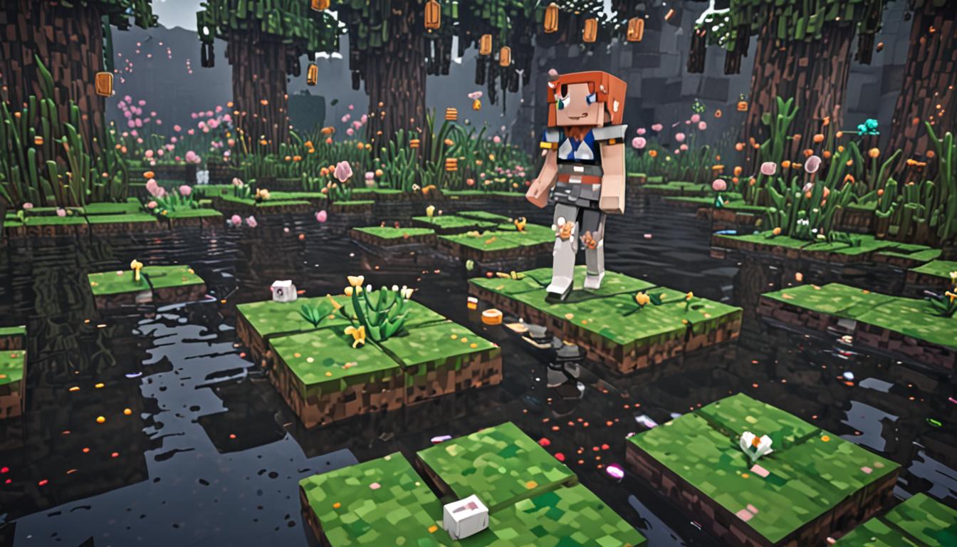 A Minecraft swamp biome scene with blocky lily pads floating on dark water, where a pixelated character crouches nervously behind the square lily pad blocks, making urgent hand gestures with their blocky arms. In the foreground, another Minecraft character stands partially hidden, wearing enchanted diamond or netherite leggings that emit bright magical sparkles and glowing particle effects, the pants pulsing with increasing luminosity against their blocky body. A third character, designed as a regal female villager or witch with elaborate blocky robes and a crown-like headpiece, stands in the murky swamp environment looking around with suspicious animated eyes, her pixelated form casting shadows on the mossy cobblestone and dirt blocks beneath. The swamp atmosphere is dimly lit with filtered green lighting through hanging vine blocks, while the magical glow from the enchanted pants creates dramatic light rays cutting through the foggy, mysterious ambiance. Tall dark oak trees with thick blocky trunks and drooping vine decorations frame the scene, and small glowing particles float in the air around the nervous character, emphasizing the magical crisis unfolding in this tense Minecraft swampland encounter.