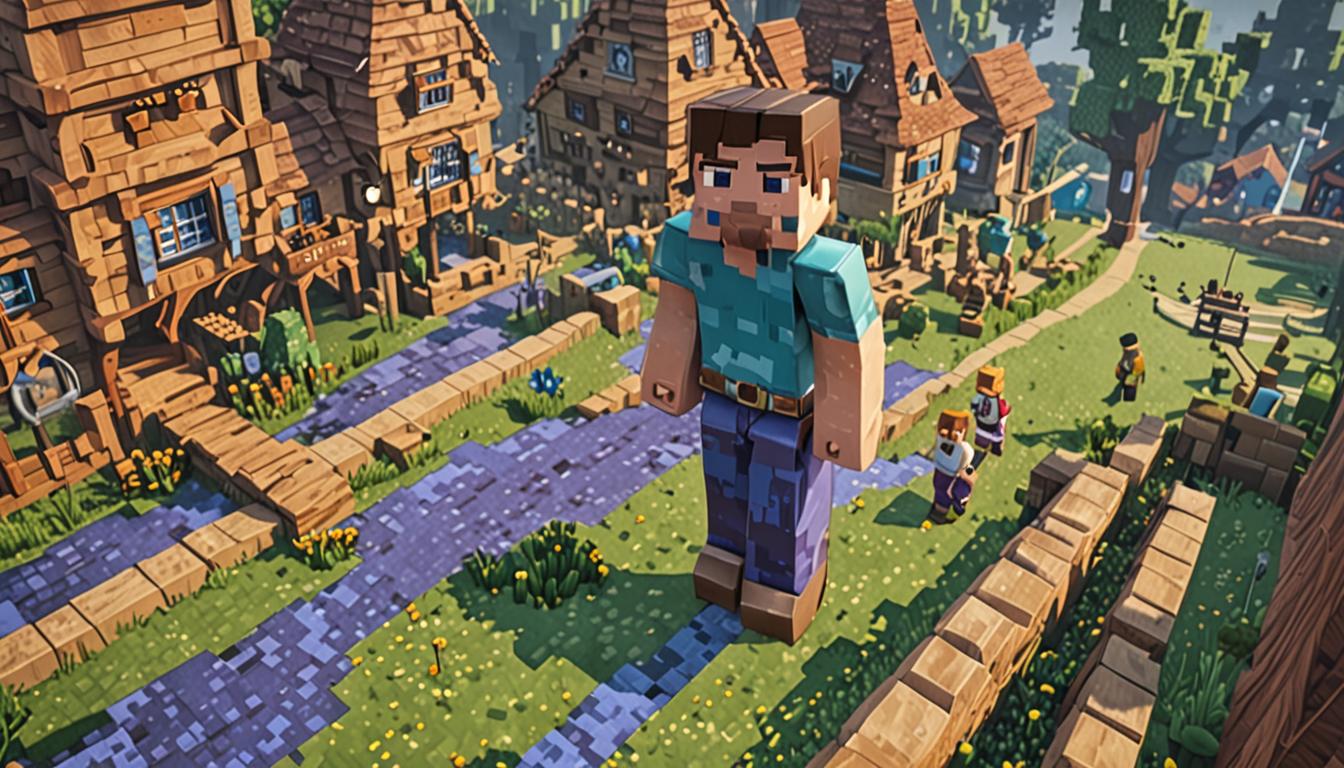 A vibrant Minecraft village scene with blocky cobblestone paths winding between pixelated houses made of oak wood planks and stone bricks, where a heroic Minecraft character named Rory stands proudly in the center wearing distinctively glowing enchanted diamond pants that emit a soft blue-purple magical light effect. Rory has a cheerful blocky face with a wide pixelated smile and carries an overflowing wooden toolbox filled with various colorful Minecraft blocks spilling out - dirt blocks, stone blocks, wood planks, and cobblestone creating a scattered pile around his feet. Beside him stands his adventure companion Wesley, another blocky Minecraft character with a friendly expression.