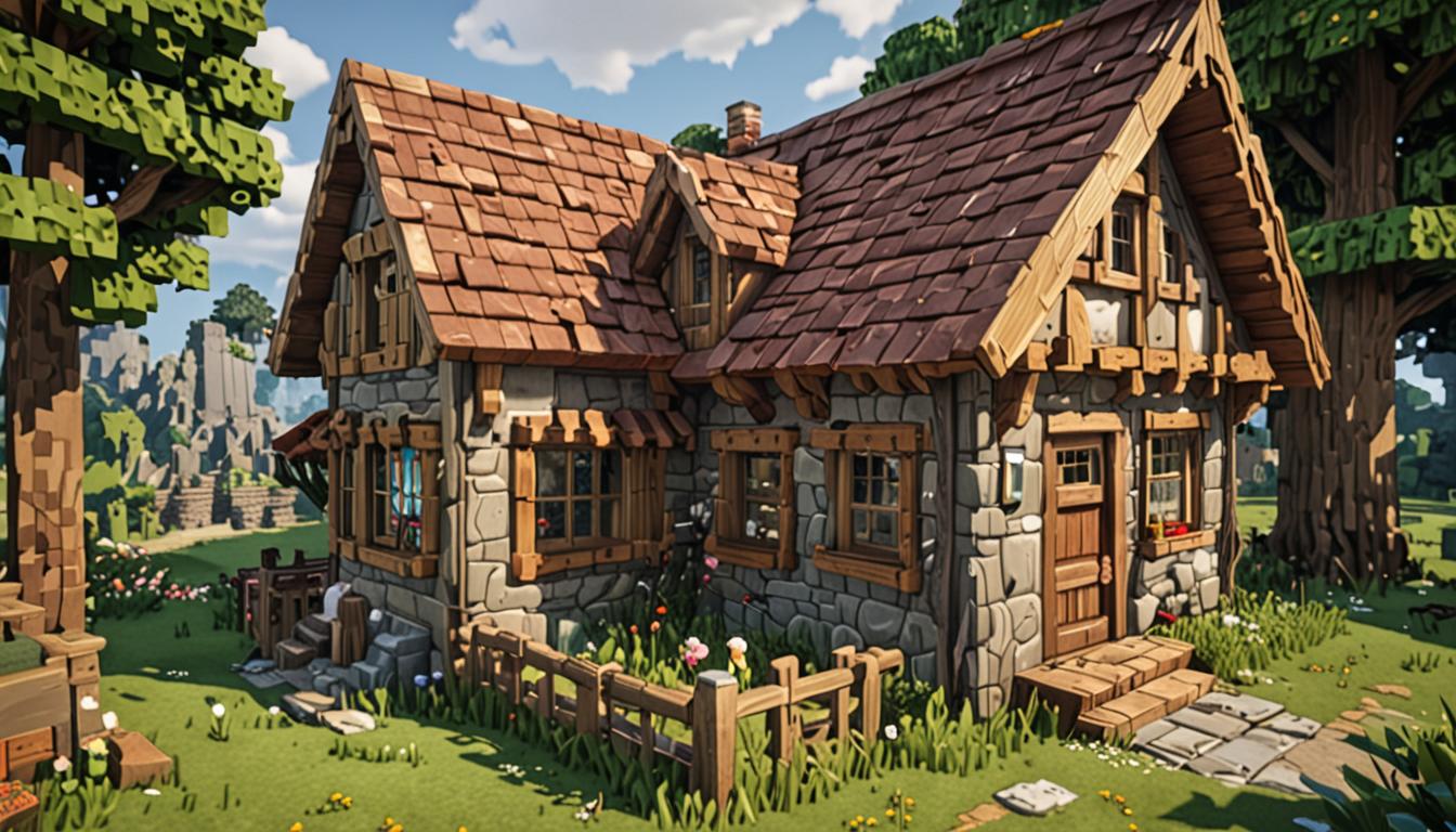 A cozy Minecraft-style blocky house with distinctive weathered characteristics that show age and personality, featuring mismatched block types like cracked stone bricks mixed with regular cobblestone, wooden planks of different wood types creating a patchwork effect, and slightly uneven rooflines with blocks placed at irregular heights. Two pixelated Minecraft player characters stand in front of the house - one gesturing warmly toward the quirky building while the other looks on with a mix of affection and slight embarrassment. The house displays charming imperfections like a crooked chimney made of cobblestone blocks, windows of different sizes with some glass panes missing or replaced with different colored glass, and a front door that's slightly off-center with worn wooden steps leading up to it. Soft golden sunset lighting bathes the scene, casting blocky shadows and highlighting the textural variety of the building materials, while small details like flower pots with pixelated flowers, a slightly tilted fence gate, and maybe a cat sitting on a windowsill add to the lived-in, characterful atmosphere of this endearingly imperfect Minecraft home.