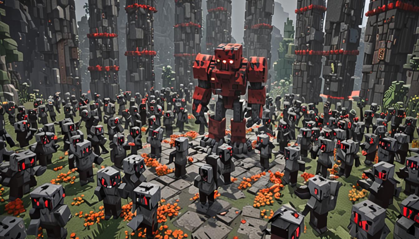 A Minecraft player character stands at the center of a blocky, pixelated scene, completely surrounded by protective creatures forming a defensive circle. Massive iron golems with their characteristic dark gray metallic block bodies, glowing red pixelated eyes, and sturdy rectangular limbs tower around the player, their imposing cubic forms casting angular shadows on the ground. Between the iron golems, several tamed wolves with their distinctive white and gray blocky fur patterns, red collar accessories, and friendly pixelated faces sit alertly in protective positions. The wolves' ears are perked up and their tails are raised, showing their loyal stance as they guard their master. The scene takes place in a typical Minecraft environment with grass block terrain beneath their feet, creating a natural outdoor setting. Soft, diffused lighting illuminates the entire group, highlighting the metallic sheen of the iron golems' cubic bodies and the fluffy texture of the wolves' pixelated fur. The atmosphere conveys a sense of security and protection, with these faithful companions forming an impenetrable barrier around their human ally. The composition emphasizes the contrast between the massive, industrial appearance of the iron golems and the more organic, friendly appearance of the tamed wolves, all rendered in the classic Minecraft blocky, voxel-based art style with sharp edges and pixelated textures throughout the entire scene.