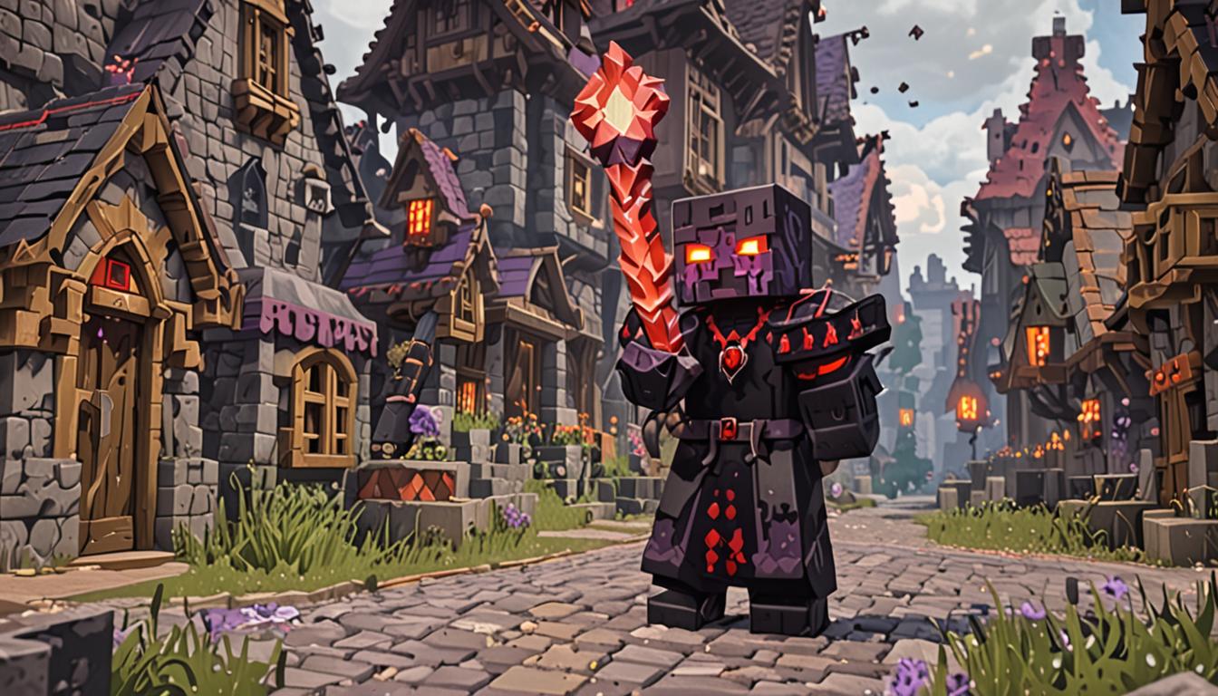 A menacing Minecraft baron character with dark robes and glowing red eyes wielding an ornate magical staff made of obsidian and glowing purple crystals, the staff emitting swirling magical energy beams that are literally pulling apart blocky village buildings block by block. The scene shows a typical Minecraft village with cobblestone houses, wooden structures, and dirt paths, but all the buildings are disintegrating as individual blocks float through the air toward the baron's staff in streams of magical light. Scattered oak wood blocks, cobblestone blocks, glass panes, and dirt blocks are suspended mid-air, glowing with purple magical aura as they're being absorbed into the staff's crystal tip. The village ground shows empty foundations and partial structures where buildings once stood, with villager NPCs running in panic with their characteristic blocky bodies and brown robes. The sky has an ominous purple-tinted atmosphere with dark storm clouds, and magical particle effects sparkle throughout the air as the destruction continues, creating a dramatic scene of magical theft in the distinctive pixelated, cubic Minecraft art style.