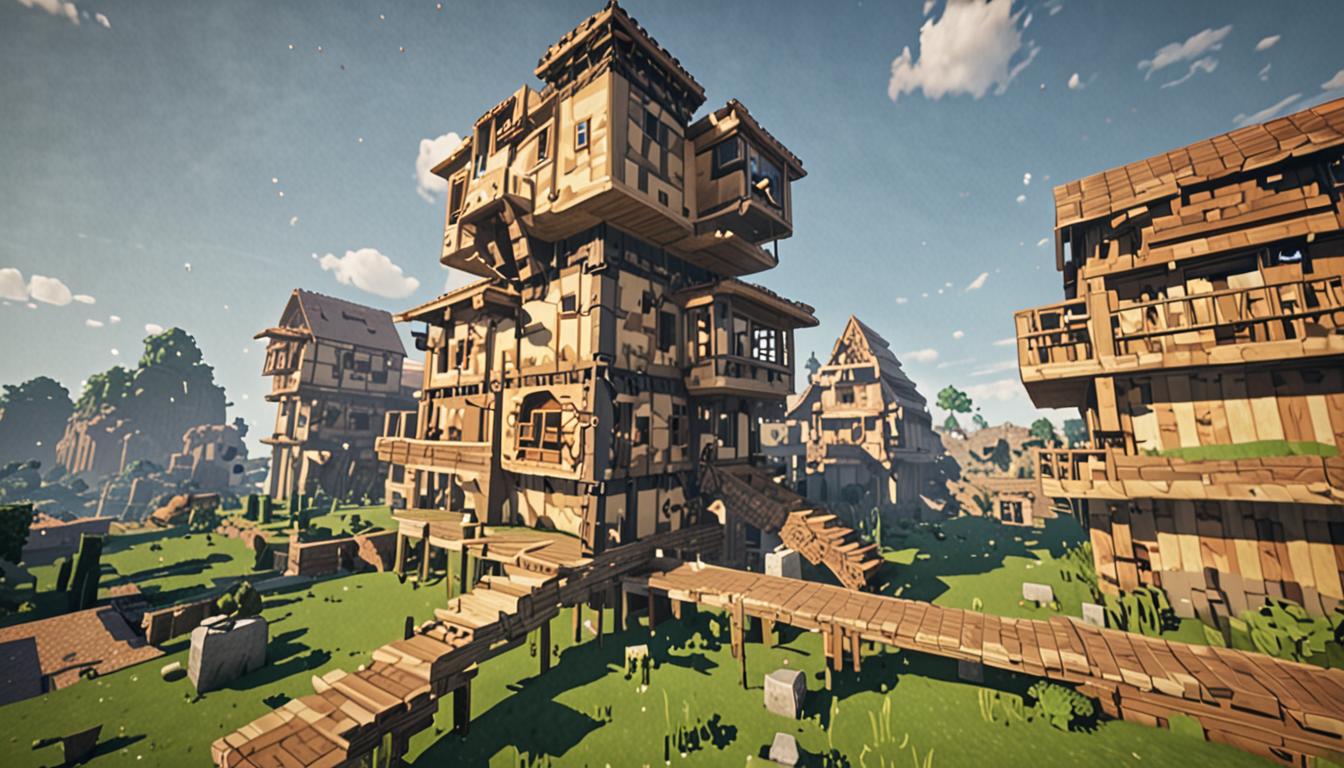 A chaotic Minecraft scene showing a partially constructed blocky house with various cubic blocks literally floating and drifting away from the structure, creating trails of motion blur in the pixelated air. The remaining foundation and walls of the house appear severely tilted and unstable, with wooden planks, cobblestone blocks, and dirt blocks at odd angles, giving the entire structure a precarious, crooked appearance. Individual blocks of different materials - stone, wood, and dirt - are suspended in mid-air at various distances from the main building, some closer to the structure and others farther away, as if caught in the moment of being pulled away by an invisible force. The Minecraft-style house shows gaps and holes where blocks have already departed, revealing the hollow interior with its characteristic blocky, pixelated shadows. The scene captures a sense of magical chaos with the distinctive cubic aesthetic of Minecraft, where the very building blocks that make up the world are defying gravity and creating an increasingly unstable and wonky architectural disaster.