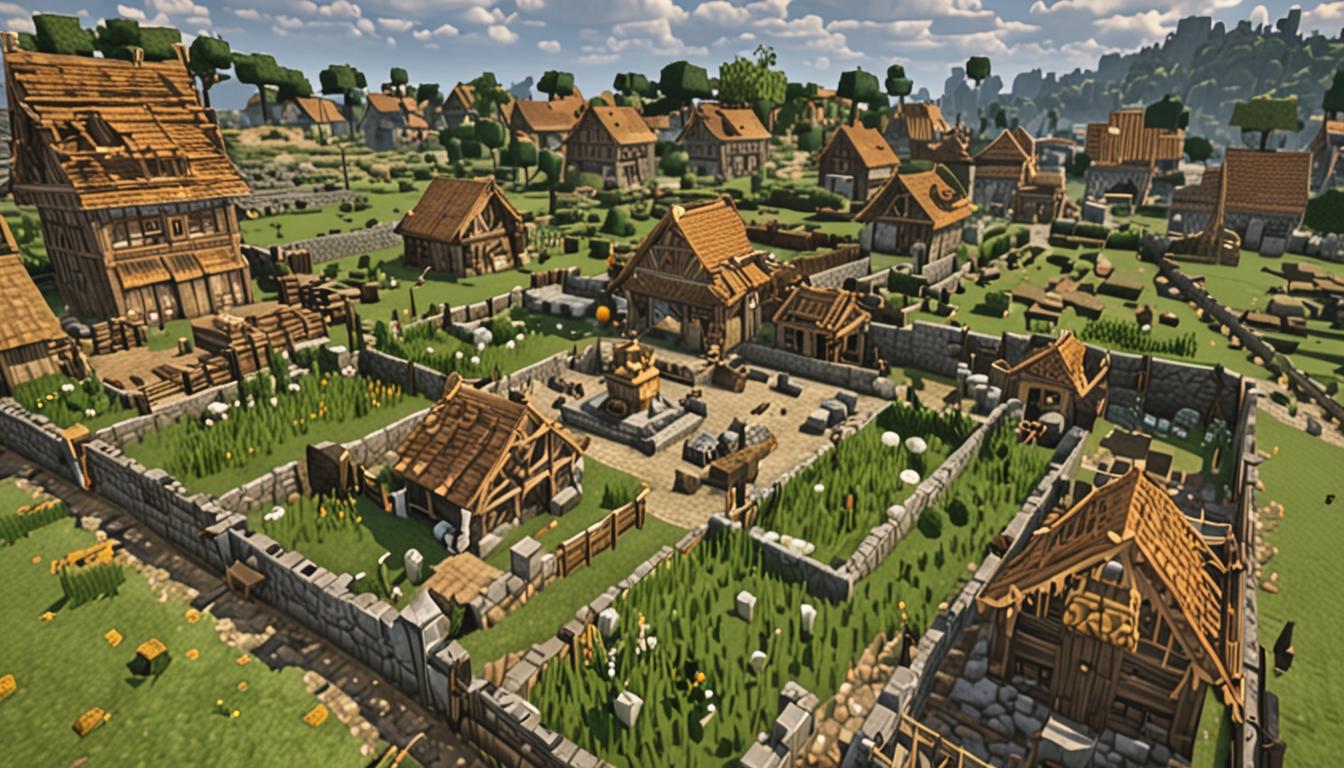 A Minecraft village scene showing the aftermath of destruction with empty grass block patches scattered across the landscape where houses once stood, a single cobblestone village well remaining in the center with its wooden roof and stone base intact. Wooden farm fences made of oak planks and fence posts stretch across tilled dirt blocks in neat rows, while a blocky golden throne crafted from gold blocks sits atop a wooden cart wagon with brown wooden wheels, positioned on a dirt path leading toward distant pixelated mountains made of stone and grass blocks. The golden throne gleams with Minecraft's signature blocky metallic texture, featuring ornate stepped gold block patterns and a high backrest, while the wooden wagon shows detailed oak wood grain textures with iron ingot reinforcements. Several Minecraft villager characters with their characteristic blocky brown robes and large square heads stand motionless on the empty grass patches, their pixelated faces showing concern as they survey the barren village landscape. The lighting suggests late afternoon with warm golden sunbeams casting long shadows across the grass blocks, while the distant mountains display layers of gray stone blocks topped with snow blocks, creating a stark backdrop against the devastated village scene.