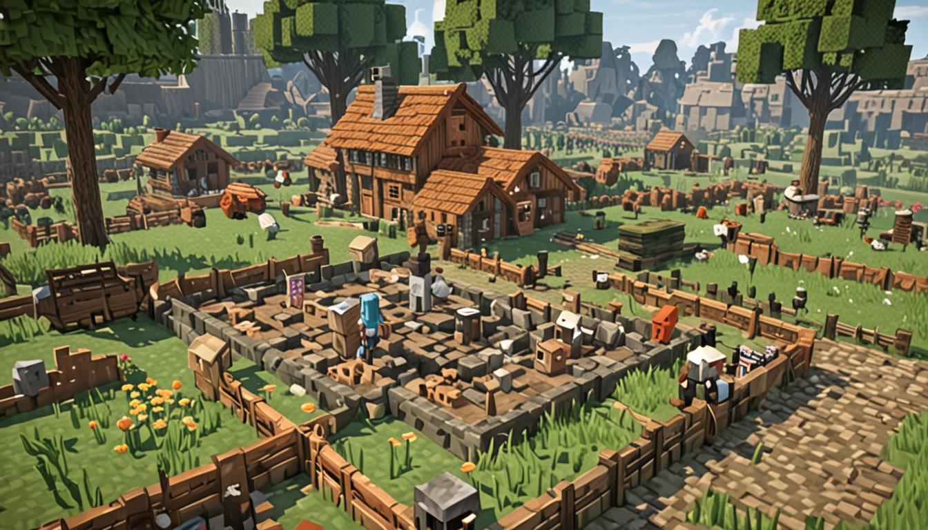 A devastated Minecraft village scene with blocky, pixelated destruction everywhere, showing empty plots where houses once stood with only scattered cobblestone and wooden planks remaining on the grass blocks. In the foreground, a sad blocky villager character with brown robes (Mrs. Cobblestone) stands near the ruins of a wooden chicken coop with fence posts and scattered feathers, tears visible as small blue pixel droplets. Nearby, other pixelated villagers in various colored robes look forlorn - a baker in white standing where his bakery's furnace blocks and crafting tables once were, a blacksmith in dark leather beside scattered anvil pieces and iron ingots, and an elderly villager with a gray beard holding rolled-up paper scrolls with nowhere to store them. The main character, a blocky player avatar with guilty expression, stands next to a friendly wolf companion (Ollie) with drooping ears, both surrounded by the aftermath of destruction under a gray, overcast Minecraft sky with dark clouds. The entire scene captures the melancholy atmosphere of a community that has lost everything, rendered in classic Minecraft's distinctive cubic, low-resolution aesthetic with vibrant but muted colors reflecting the somber mood.