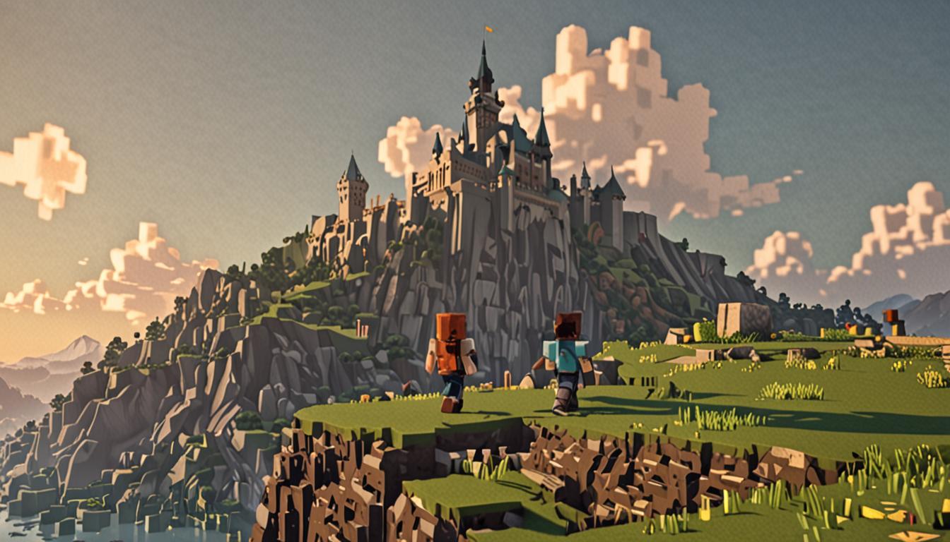 A Minecraft-style blocky, pixelated scene showing two player characters standing on a grassy hill overlooking a distant mountain range where a dark, imposing castle sits perched on the highest peak. The character named Ollie has his blocky hand placed on the shoulder of another character named Breck, both rendered in the classic Minecraft player skin style with square heads and rectangular bodies. The sun is positioned in the western sky, casting long orange and yellow pixelated shadows across the landscape, indicating late afternoon with sunset approaching. In the foreground, scattered Minecraft blocks of various types - stone, wood, and dirt blocks - are strewn across the ground, representing the stolen blocks mentioned in the story. The distant castle features dark stone brick walls, tall square towers with crenellations, and ominous red banners fluttering in the wind. The village below shows small blocky houses with damaged roofs and missing walls, emphasizing the destruction caused by the theft. The entire scene is rendered in Minecraft's distinctive low-resolution, voxel-based art style with sharp edges and pixelated textures throughout the landscape, characters, and structures.