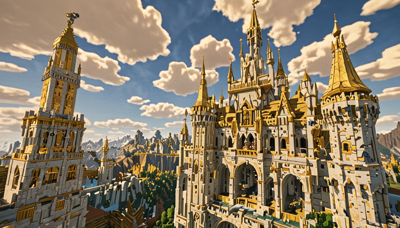 A massive Minecraft castle constructed entirely of golden blocks rises majestically in the distance, its towering spires and walls reaching toward pixelated white clouds in a bright blue sky. The enormous fortress features multiple levels, battlements, and towers with blocky architectural details, all gleaming with the distinctive yellow-gold texture of Minecraft gold blocks. In the foreground, two Minecraft player characters stand on a grassy hill dotted with blocky trees - one character holds a brown and copper-colored spyglass item with pixelated details, while both figures gaze up at the imposing golden structure. The surrounding landscape features rolling green hills covered in blocky grass blocks, scattered oak and birch trees with square trunks and leafy canopies, and a clear daylight atmosphere with soft shadows. Small blocky guard figures can be seen positioned along the castle's walls and towers, appearing as tiny pixelated sentries against the golden ramparts. The entire scene captures the scale and grandeur of the fortress while maintaining the characteristic cubic, pixelated aesthetic of the Minecraft world, with warm golden lighting reflecting off the castle's surfaces and creating a sense of awe and adventure.