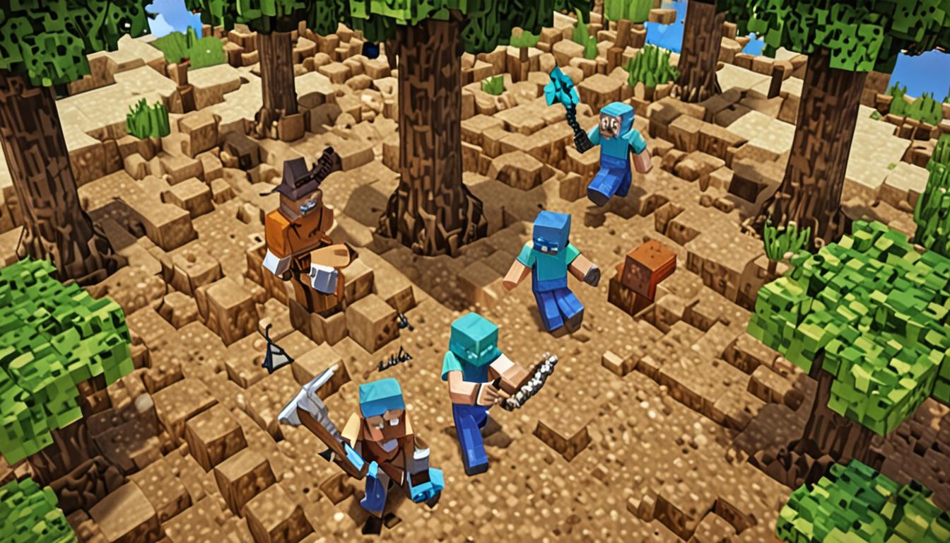 A Minecraft scene showing two blocky pixelated characters behind tall oak trees with dark brown cubic trunks and green leafy block canopies, one character actively digging downward into brown dirt and stone blocks with a diamond pickaxe that has a bright blue cubic head and brown stick handle. The digging character has square arms raised mid-swing, creating a small pile of broken cubic dirt blocks and cobblestone scattered nearby. The second character, Ollie, stands close by with arms extended toward the pile of collected blocks, both characters having the classic Minecraft blocky appearance with rectangular heads and bodies. The scene is set near a distant medieval castle with gray stone block walls and towers visible in the background, while the immediate foreground shows the entrance to a freshly dug tunnel going straight down into the pixelated earth, with exposed layers of brown dirt blocks, gray stone blocks, and darker materials visible in the shaft walls. The lighting suggests daytime with bright, clear Minecraft-style illumination casting blocky shadows from the oak trees onto the grassy green block terrain.