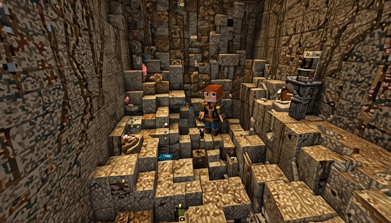 A detailed Minecraft underground mining scene showing a deep, narrow shaft carved through multiple layers of blocky terrain. The excavated tunnel displays distinct pixelated layers - brown dirt blocks at the top transitioning to gray cobblestone blocks in the middle, then back to brown dirt blocks at the bottom. A Minecraft player character with a pickaxe stands at the bottom of the shaft, surrounded by floating block particles and mining effects. Above in the tunnel, another blocky Minecraft character organizes stacks of collected dirt and stone blocks into neat piles, with multiple backpack items visible nearby. The scene is illuminated by torch light creating warm orange glows against the dark tunnel walls, with subtle block-breaking particle effects scattered throughout the air. In the background above ground level, the silhouette of a large medieval castle structure made of stone blocks is visible, with the mining shaft clearly heading in its direction underground.