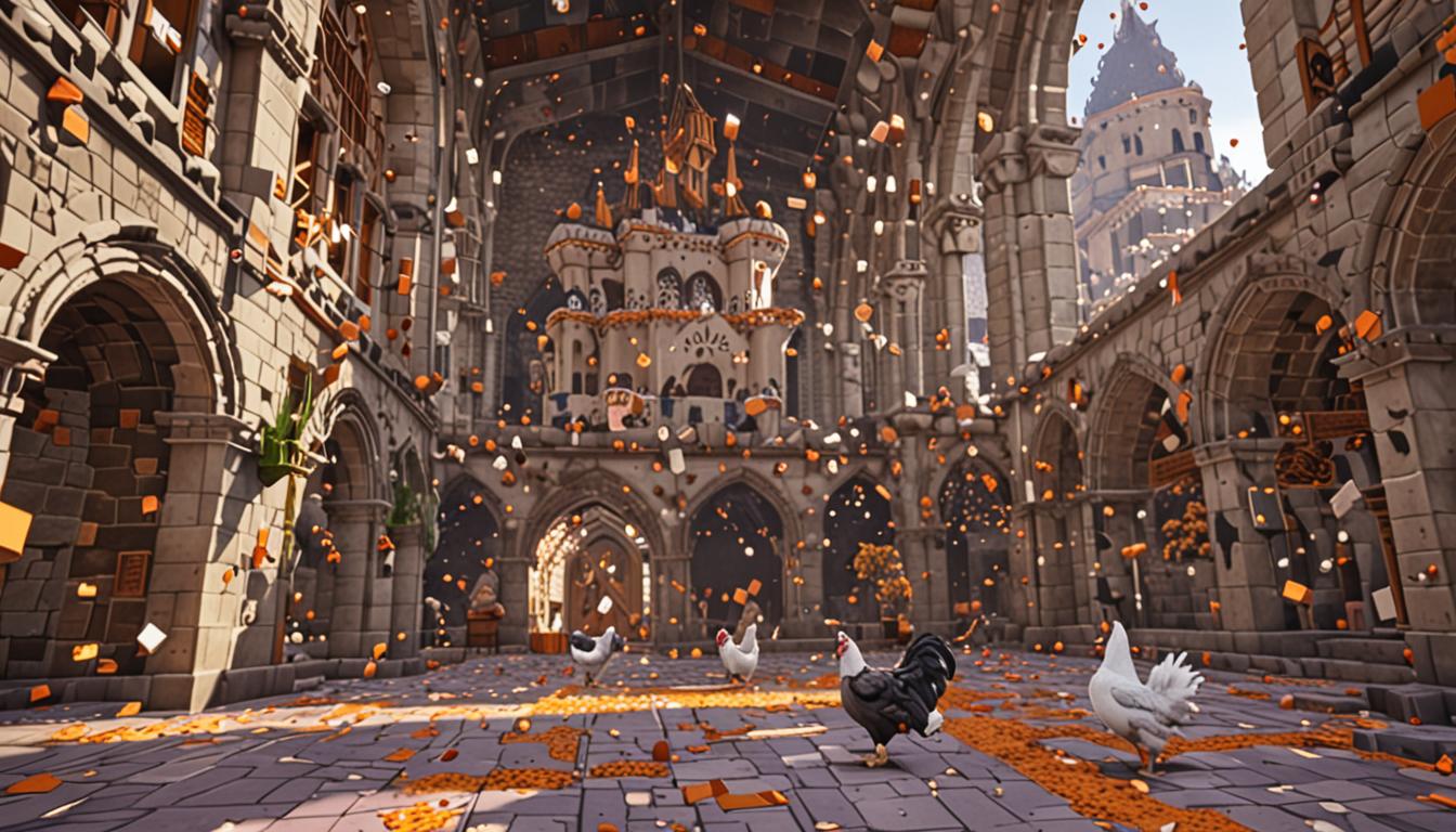 A chaotic Minecraft castle interior scene with blocky stone brick walls and ornate medieval architecture, where dozens of white and brown pixelated chickens with square bodies and orange beaks are scattered throughout the grand hall, flapping their blocky wings and leaving white feather particles floating in the air. A rotund Minecraft character representing Baron Puscrust, wearing elaborate purple and gold blocky robes and a jeweled crown, runs frantically through the scene with his arms outstretched, his square face showing panic and frustration as he chases the feathered invaders. Massive iron golems with their characteristic blocky metallic bodies and glowing red pixel eyes stand helplessly in the background, their enormous cubic forms too large to navigate between the ornate furniture and decorative blocks scattered around the castle's interior. Precious diamond blocks, gold blocks, and emerald blocks are toppled over and scattered across the checkered stone floor, with some chickens perched triumphantly on top of the fallen treasures. The scene is illuminated by warm torch light casting dramatic blocky shadows across the medieval castle walls, creating a comedic atmosphere of royal chaos and feathered mayhem in true Minecraft pixelated style.