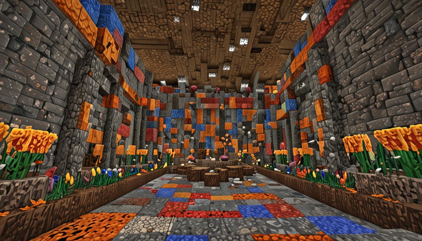 A vast Minecraft-style treasure room inside a blocky stone castle with towering stacks of colorful blocks reaching from floor to ceiling, creating mountain-like piles throughout the chamber. The room features massive collections of gray cobblestone blocks arranged in neat cubic stacks, brown wooden planks and logs forming towering pillars, rich dark brown dirt blocks creating geometric mounds, and vibrant flower blocks including red poppies, yellow dandelions, and blue cornflowers scattered among the treasure piles. Two blocky Minecraft player characters with pixelated skin textures crouch stealthily near the entrance, their square heads turned toward the impressive hoards of stolen blocks. The castle interior shows rough stone brick walls with a pixelated texture, dimly lit by flickering torch light that casts warm orange glows and deep shadows across the cubic block formations. The scene captures the overwhelming scale of the theft with blocks organized in perfect Minecraft grid patterns, some stacks tilting slightly as if hastily placed, while the flower blocks add splashes of bright color against the earthier tones of stone, wood, and dirt in this underground treasure chamber.