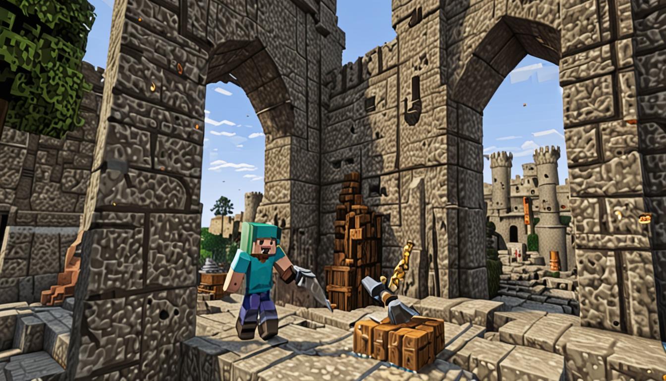 A blocky, pixelated Minecraft scene showing a massive stone brick castle with towering walls and battlements, featuring a partially broken side wall where cobblestone and stone brick blocks are being carefully removed. A Minecraft player character with a damaged, cracked iron pickaxe is methodically breaking blocks from the castle wall, creating a secret entrance passage. Behind the player, a large army of white and brown pixelated chickens with their characteristic red combs and beaks are gathered in formation, following loyally. Another blocky player character named Ollie stands nearby with multiple brown leather backpacks equipped, catching the falling stone blocks mid-air with outstretched blocky arms. The scene is set during daytime with bright, clear lighting casting sharp shadows on the castle's textured stone surfaces. Guard towers are visible in the background with no sentries present, emphasizing the stealth nature of the operation. Scattered broken pickaxe pieces lie on the grassy ground, rendered in typical Minecraft's distinctive cubic, low-resolution style with vibrant colors and sharp edges throughout the entire scene.