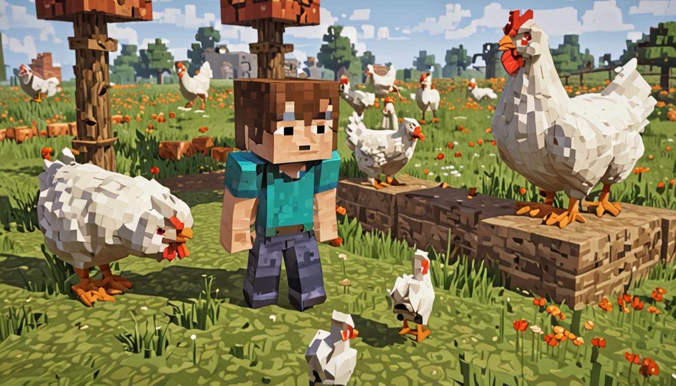 A Minecraft-style blocky scene showing a pixelated player character with brown blocky hair and simple rectangular features staring at a group of white and red blocky chickens pecking at the ground, their cube-shaped bodies and triangular beaks rendered in classic Minecraft pixelated style. Next to the player stands another blocky character named Ollie with excited rectangular eyes and arms gesturing enthusiastically toward the chickens, wearing a simple green blocky shirt. Scattered on the grassy block terrain lies a broken wooden pickaxe with its handle and head separated into distinct blocky pieces, the wood texture showing the characteristic Minecraft brown pixels. In the background, a distant Minecraft village is visible with blocky cobblestone and wooden plank houses featuring square windows and doors, their rooftops made of dark oak stairs creating the classic angular village silhouette. The lighting suggests late afternoon with warm golden pixel lighting casting blocky shadows, and the overall atmosphere conveys a moment of realization and hope as the characters contemplate using clumsiness as an unexpected solution to save their pixelated community.