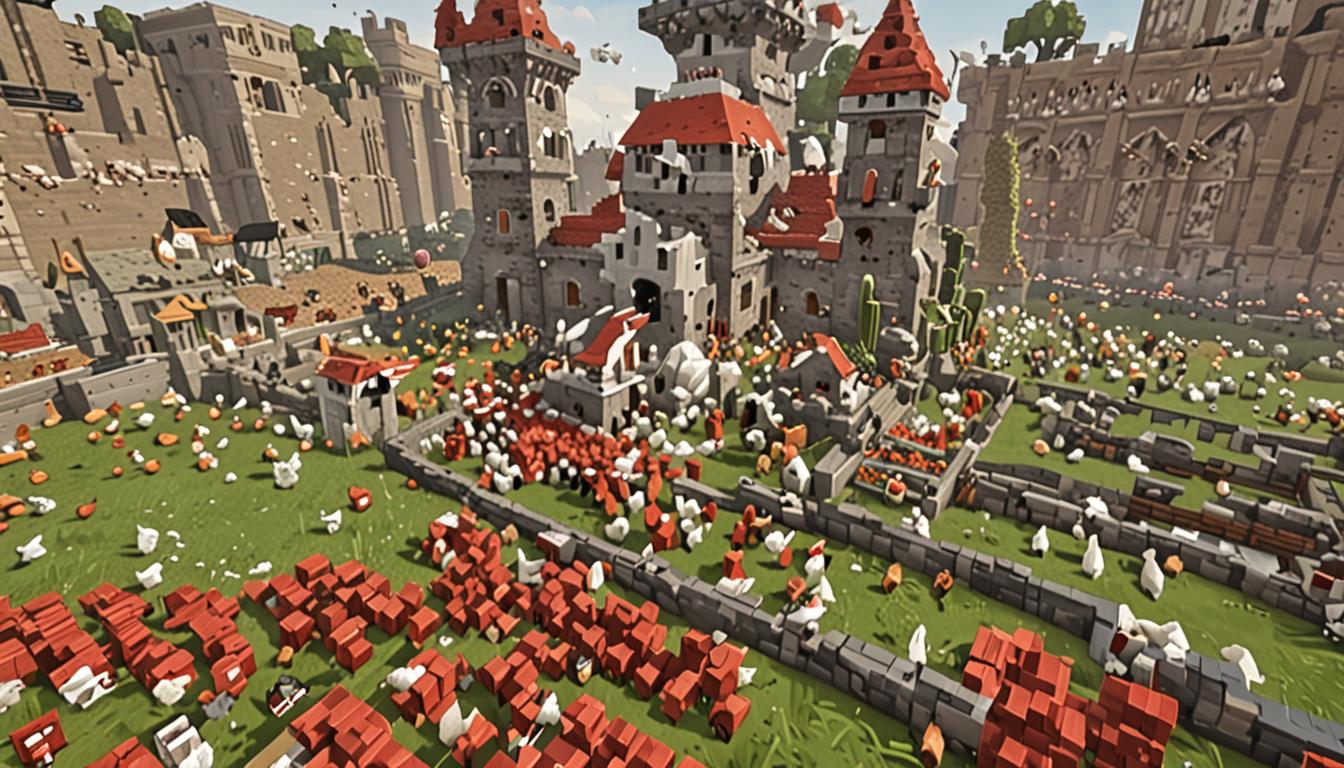 A chaotic Minecraft scene showing blocky, pixelated players being overwhelmed by a flock of twenty white and brown Minecraft chickens with their characteristic red combs and beaks. The chickens are crowding around two blocky player characters near a massive stone brick castle with tall towers and battlements in the background. Scattered across the grassy ground are numerous colorful Minecraft blocks - dirt blocks, cobblestone, wood planks, and ore blocks - that have been knocked from organized piles into messy heaps. One player character appears frustrated with arms raised while the other kneels beside toppled block stacks and an open brown leather backpack. The chickens are animated in typical Minecraft fashion, some flapping their wings, others pecking at the ground, all clustering closely around the players with visible motion lines suggesting their persistent following behavior. Tall oak and birch trees with blocky square leaves provide inadequate hiding spots in the background, while the imposing medieval castle looms with its dark stone brick walls and narrow window slits, creating an atmosphere of failed stealth mission. The lighting suggests daytime with bright, clear Minecraft-style illumination casting sharp shadows from the geometric trees and castle walls.