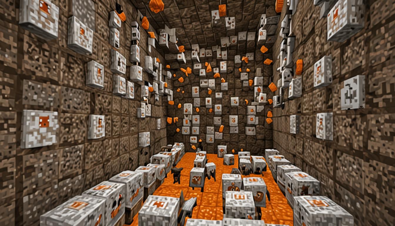 A Minecraft underground tunnel scene with blocky, pixelated stone walls and dim torch lighting, where a player character in typical Minecraft blocky style is climbing upward through the tunnel shaft with dozens of white and brown Minecraft chickens crowding around them. The chickens have their characteristic blocky, cubic bodies with orange beaks and red combs, flapping their square wings and pecking at the player's diamond or iron boots. Above in the tunnel, another blocky Minecraft player character named Ollie looks down with surprise, surrounded by more chickens that have escaped from what appears to be a hidden underground chicken farm with wooden fence posts, hay bales, and feeding troughs visible in the background. The scene has warm, golden lighting from placed torches on the stone walls, creating dramatic shadows that emphasize the chaotic nature of the chicken invasion, with feathers floating in the air and the cramped, enclosed feeling of the underground space filled with dozens of animated, blocky chickens following the players like they expect to be fed.