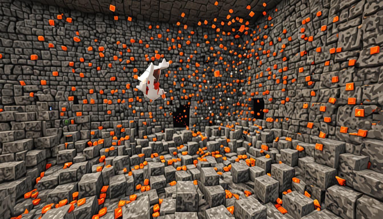 A dramatic Minecraft scene showing blocky, pixelated pickaxe pieces flying through the air after breaking through a stone brick wall, revealing a dark hidden chamber behind with scattered cobblestone blocks. Twenty white, cube-shaped Minecraft chickens with bright red blocky combs and orange beaks are bursting out of the newly created hole in chaotic motion, their simple pixelated wings spread wide as they flap frantically. The chickens have the classic Minecraft white feathered texture with small black dot eyes, and they're scattered across a dirt and grass block floor in various animated poses - some mid-flight, others running in circles with their stubby orange legs visible. In the background, two Minecraft player characters stand watching the chicken explosion, one wearing a blue shirt and dark pants, the other in different colored blocky clothing. The scene is lit with warm, golden Minecraft-style lighting filtering through the broken wall, creating dramatic shadows and highlighting the dusty particles floating in the air. Stone blocks and debris are scattered around the impact site, and the hidden chamber behind shows mysterious dark spaces with faint torch lighting on the walls.